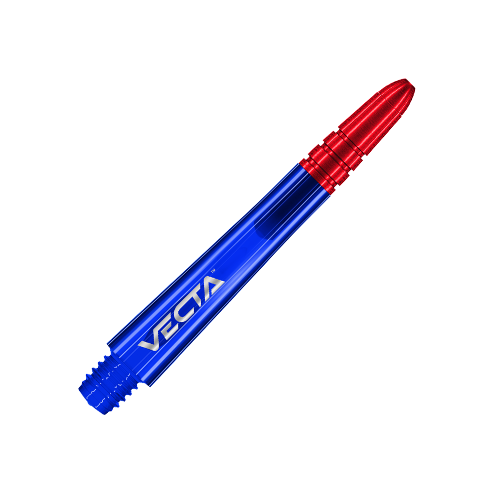 Tiges Winmau Vecta - Bleu Rouge Das Bild zeigt einen Dart-Schaft in den Farben Blau und Rot. Auf dem blauen Teil steht das Wort "VECTA".