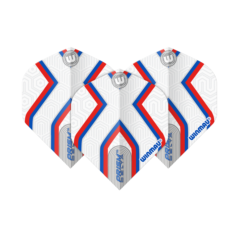 Vols standard Winmau Prism Delta Epix No2 Das Bild zeigt drei Dartflights des Produkts "Winmau Prism Delta Epix No2 Standard Flights". Die Flights sind weiß mit roten und blauen Streifen sowie geometrischem Muster gestaltet.