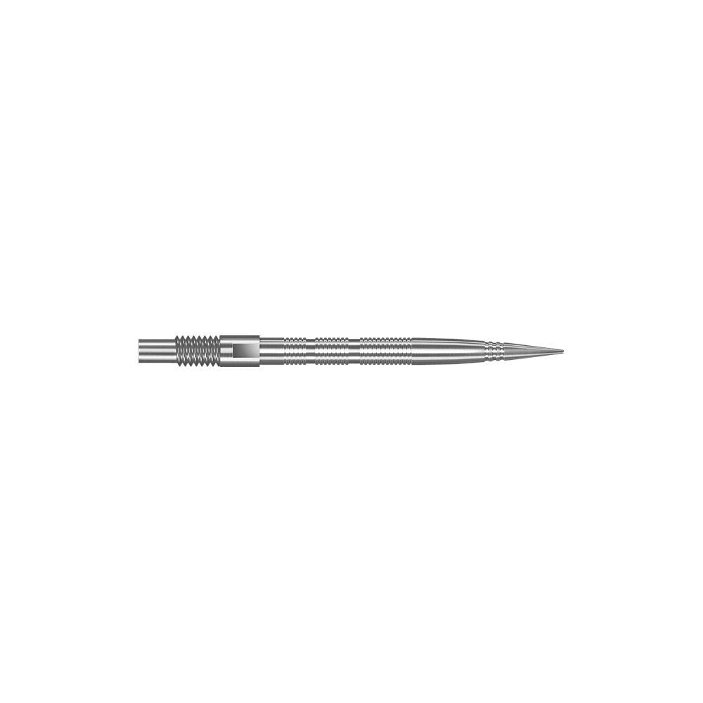 Pointes de fléchettes Harrows Quick Point Micro Ridge - Argent Das Bild zeigt Dartspitzen mit MicroRidge Struktur in Silber mit einer Länge von 26 mm. Die Dartspitzen sind nebeneinander angeordnet.
