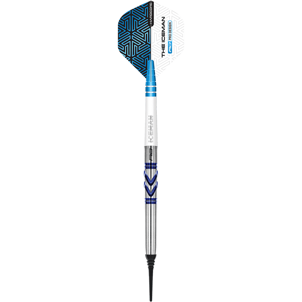 Das Bild zeigt einen Red Dragon Gerwyn Price Avalanche Pro Softdart mit einem Gewicht von 20g. Der Dart hat blaue und silberne Akzente sowie eine auffällige Flight mit Muster.