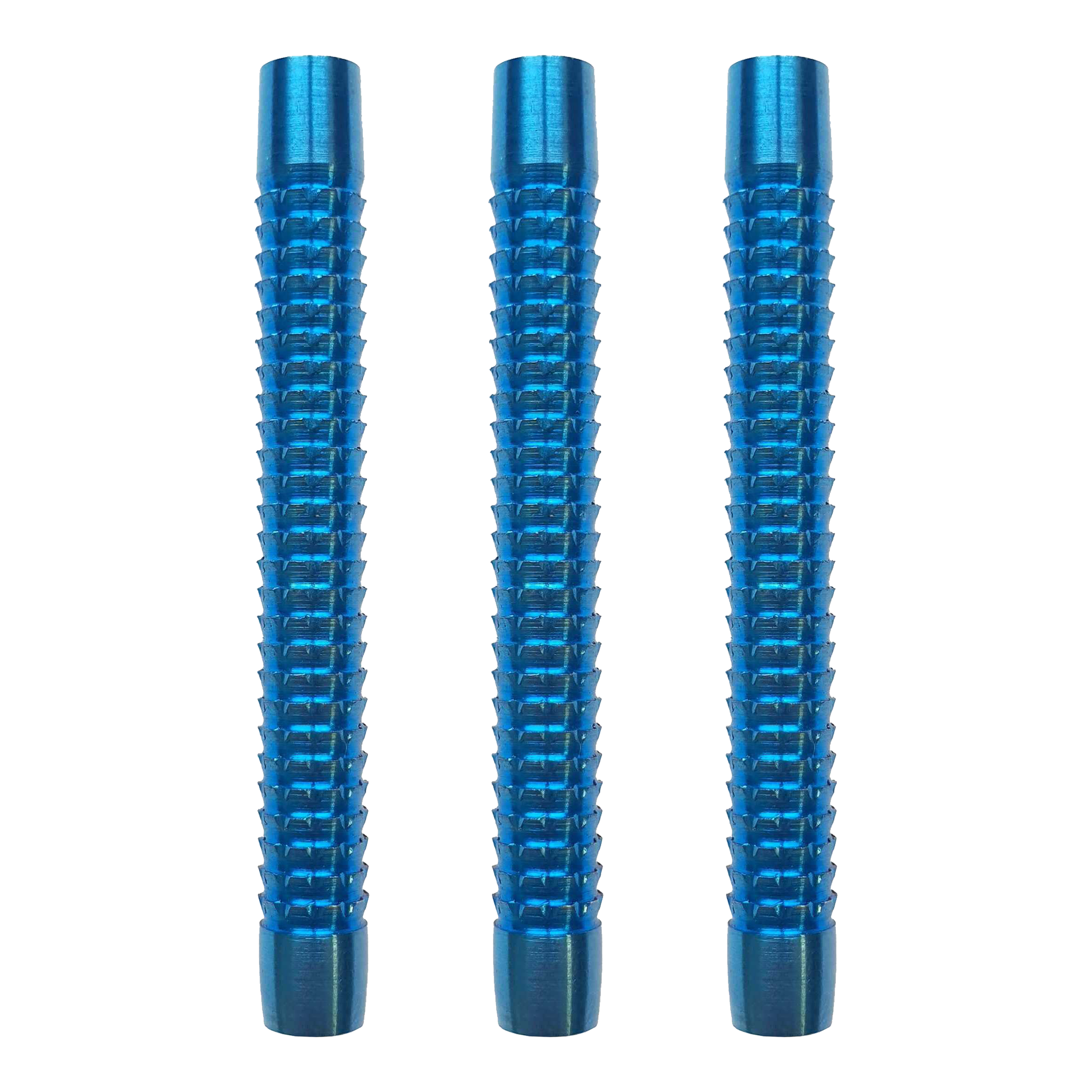 fléchettes souples McDart Blue Sky Das Bild zeigt drei blaue Softdart-Barrels der Marke McDart Blue Sky. Sie sind nebeneinander angeordnet und haben eine gerillte Oberfläche.