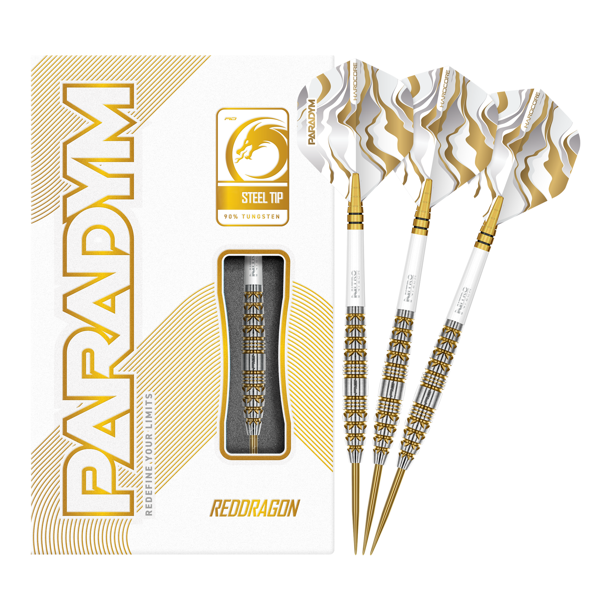 Fléchettes en acier Red Dragon Paradym Gold Torpedo Das Bild zeigt die Red Dragon Paradym Gold Torpedo Steeldarts in vollständiger Ansicht. Es sind elegante Steeldarts mit goldener Oberfläche.