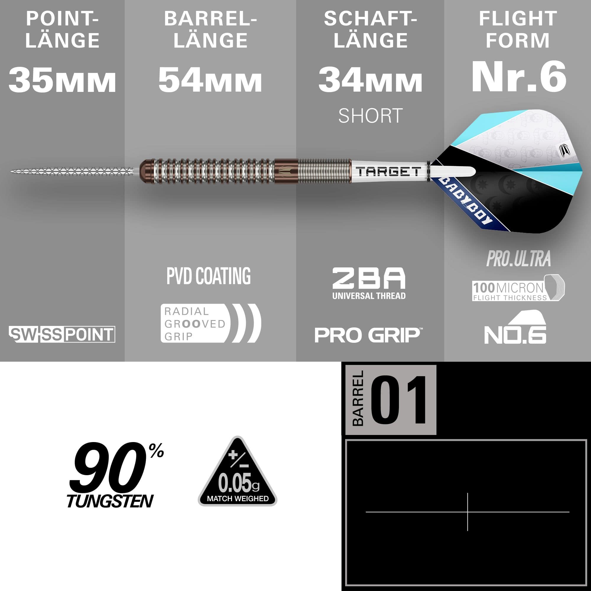 Fléchettes en acier Target Adam Lipscombe Swiss Points - 25 g Auf dem Bild sind Target Adam Lipscombe Swiss Points Steeldarts dargestellt. Diese Darts sind speziell für professionelle Anforderungen entwickelt.
