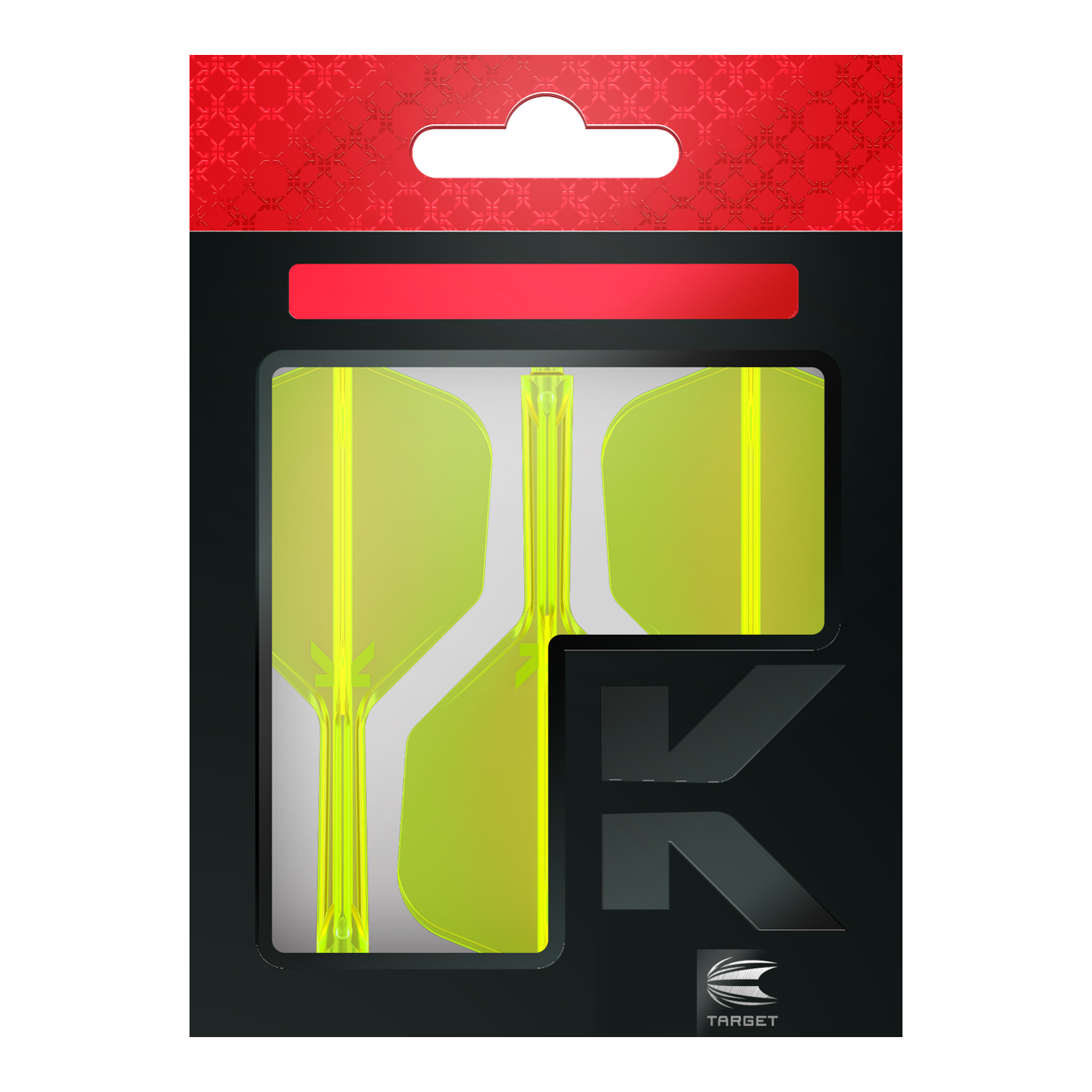 Système de vol Target K-Flex No6 - Jaune fluo Die Abbildung zeigt eine Verpackung mit neon-gelben Dartflights. Die Verpackung ist überwiegend schwarz mit einem roten Bereich oben und dem Logo „TARGET“ unten rechts.