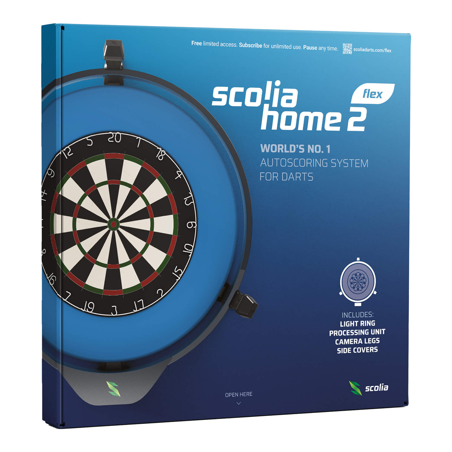 Scolia Home 2 FLEX - Système de notation électronique automatique avec anneau lumineux 2026 Die Verpackung zeigt das Produkt "Scolia Home 2 FLEX", ein elektronisches Punktesystem für Darts mit Beleuchtungsring. Auf der Vorderseite sind eine Abbildung eines Dartboards und Informationen zu den enthaltenen Komponenten zu sehen.