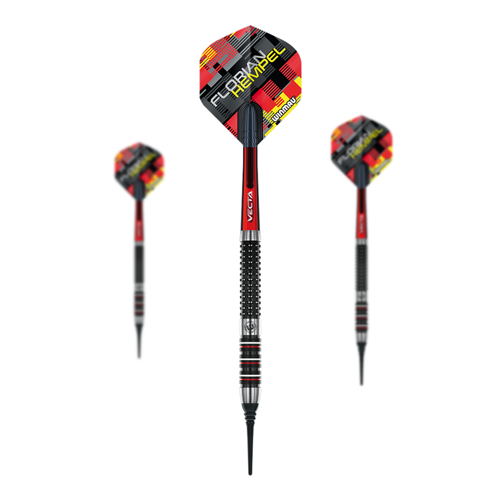 Fléchettes souples Winmau Florian Hempel - 21g Das Bild zeigt drei Winmau Florian Hempel Softdarts mit einem Gewicht von 21g. Die Darts haben rote, schwarze und silberne Details sowie ein auffälliges Flights-Design.