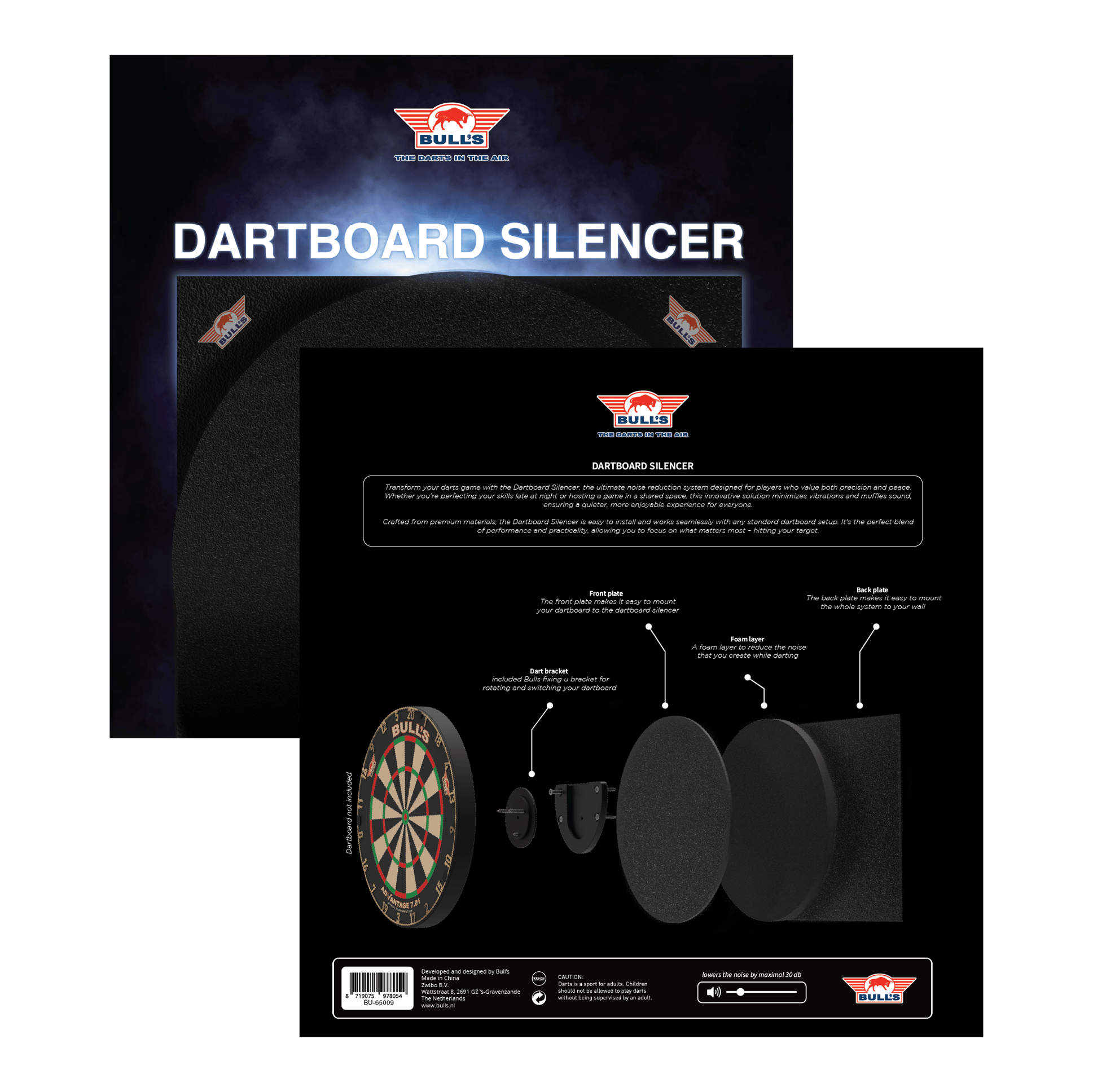 Silencieux de cible de fléchettes Bulls NL Das Bild zeigt das Produkt "Bulls NL Dartboard Silencer" in seiner Verpackung. Auf der Rückseite ist eine Grafik abgebildet, die die einzelnen Komponenten und deren Funktionen erklärt.