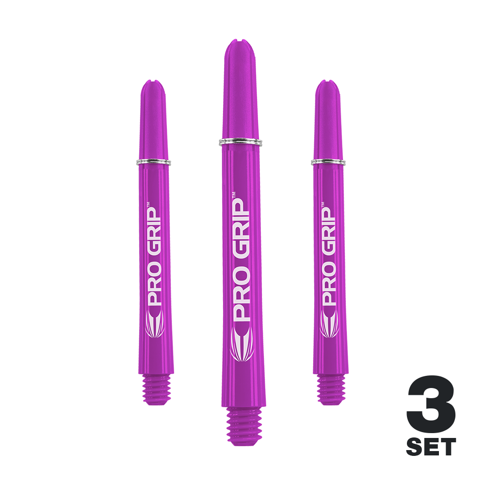 Tiges Target Pro Grip - 3 jeux - Violet Das Bild zeigt drei lila Dartschäfte der Marke "Pro Grip". In der rechten unteren Ecke steht "3 Set".