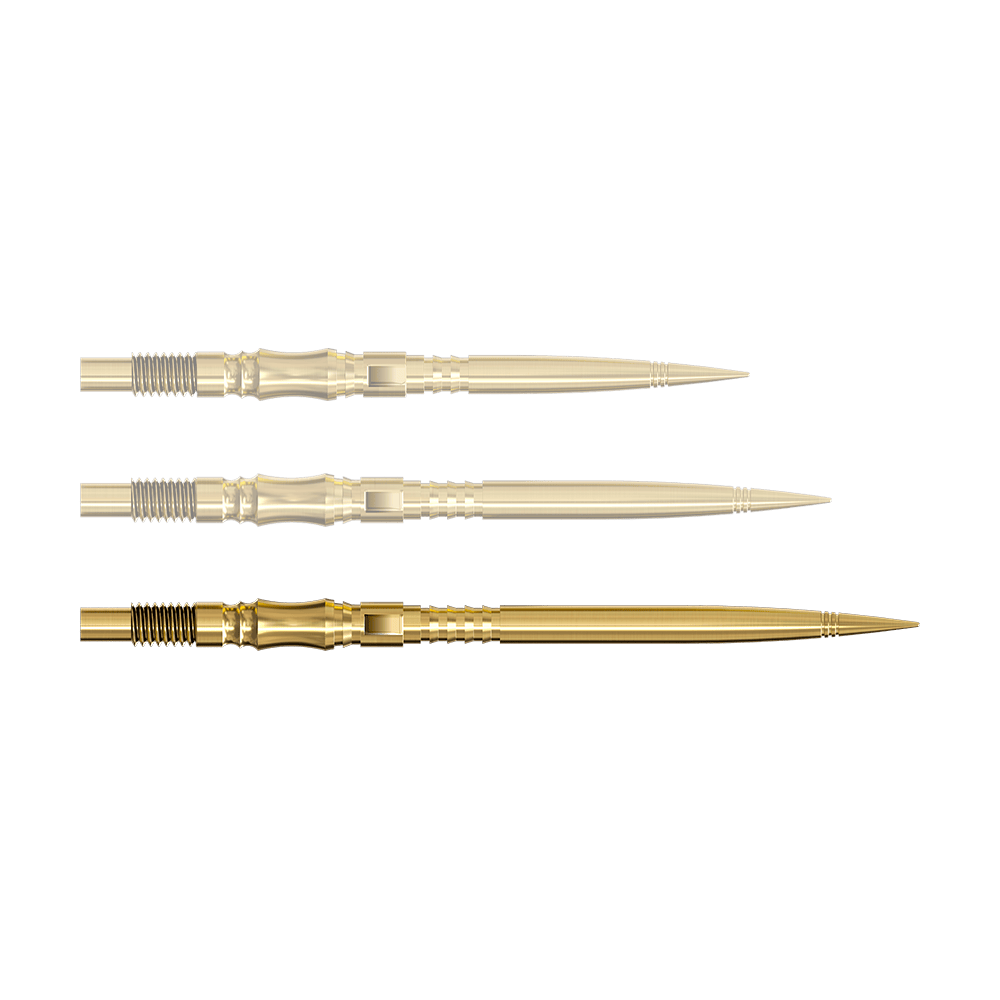 Pointes de fléchettes Harrows Quick Point Axis Elite Series - Or Eine einzelne Dartspitze in Gold ist von nahe gezeigt. Die Spitze ist nach rechts ausgerichtet.