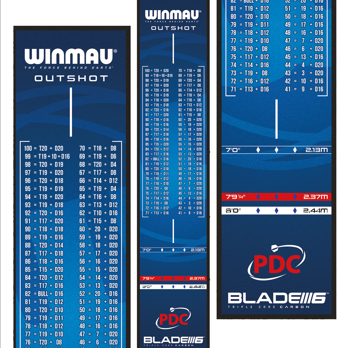 Tapis de fléchettes Winmau Outshot Das Bild zeigt die Winmau Outshot Dartmatte 2024 in Blau mit Tabellen für Checkout-Werte beim Dartspiel. Unten auf der Matte sind Markierungen für verschiedene Distanzen und das PDC-Logo zu sehen.