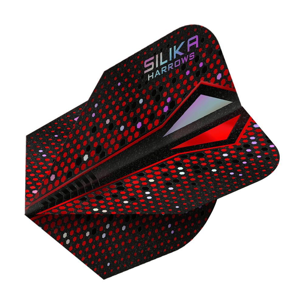 Revêtement cristallin résistant Harrows Silika Colourshift Red-X No6 Das Bild zeigt das Produkt "Harrows Silika Colourshift Tough Crystalline Coating Red-X No6 Flights". Die Dart-Flights sind überwiegend schwarz mit roten und bunten Punkten und haben einen modernen, glänzenden Look.