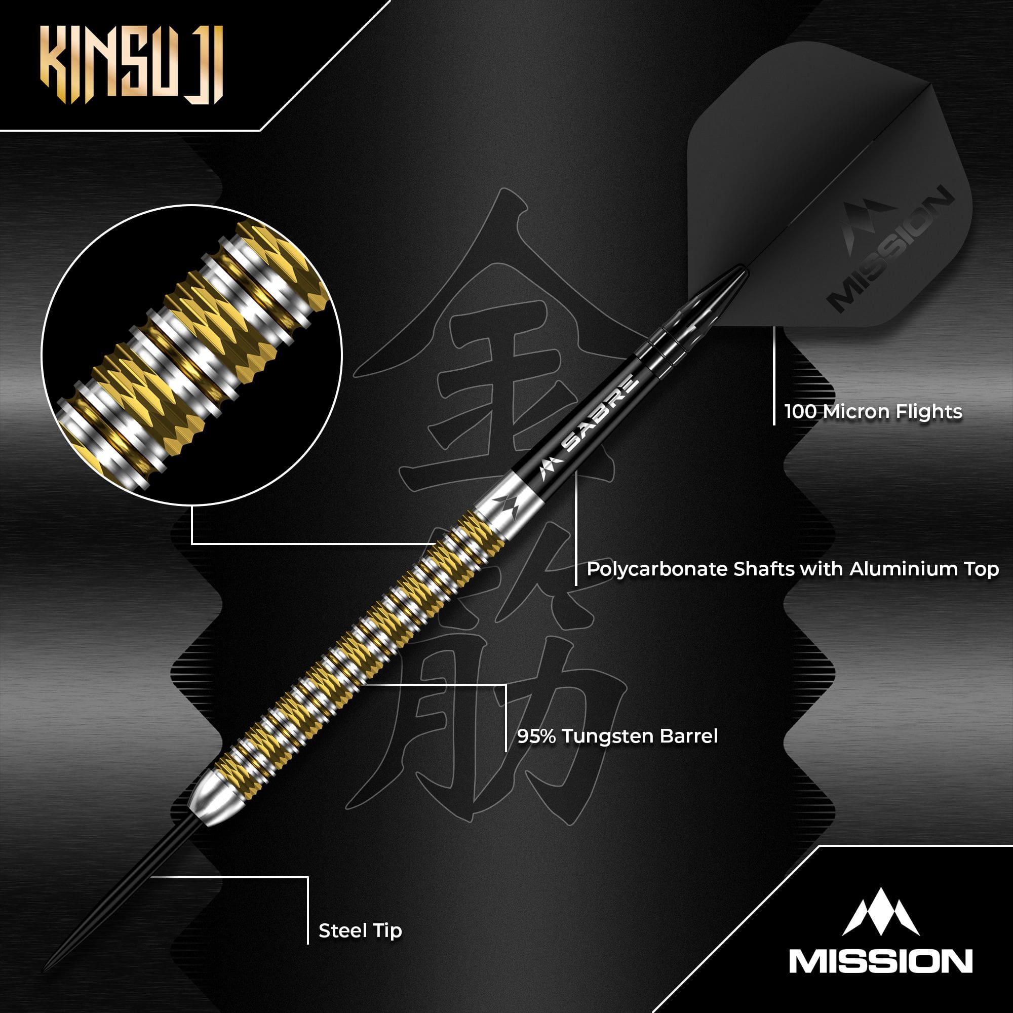 Mission Kinsuji Steeldarts Das Bild zeigt die Mission Kinsuji Steeldarts. Die Steeldarts sind im Detail abgebildet.
