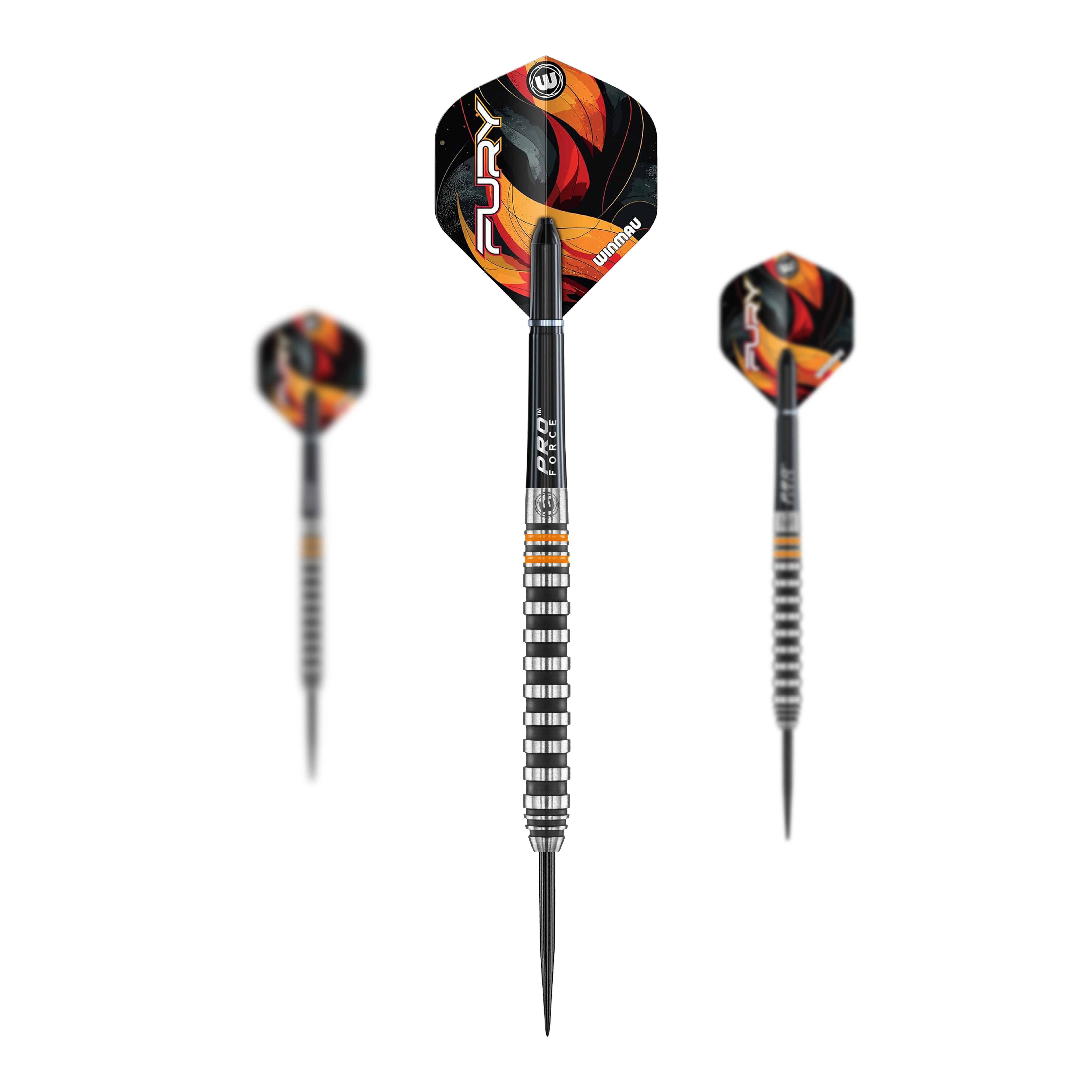 Fléchettes en acier Winmau Fury - 22 g Das Bild zeigt die Winmau Fury Steeldarts mit einem Gewicht von 22g. Diese Darts sind für Steeldartspieler geeignet.