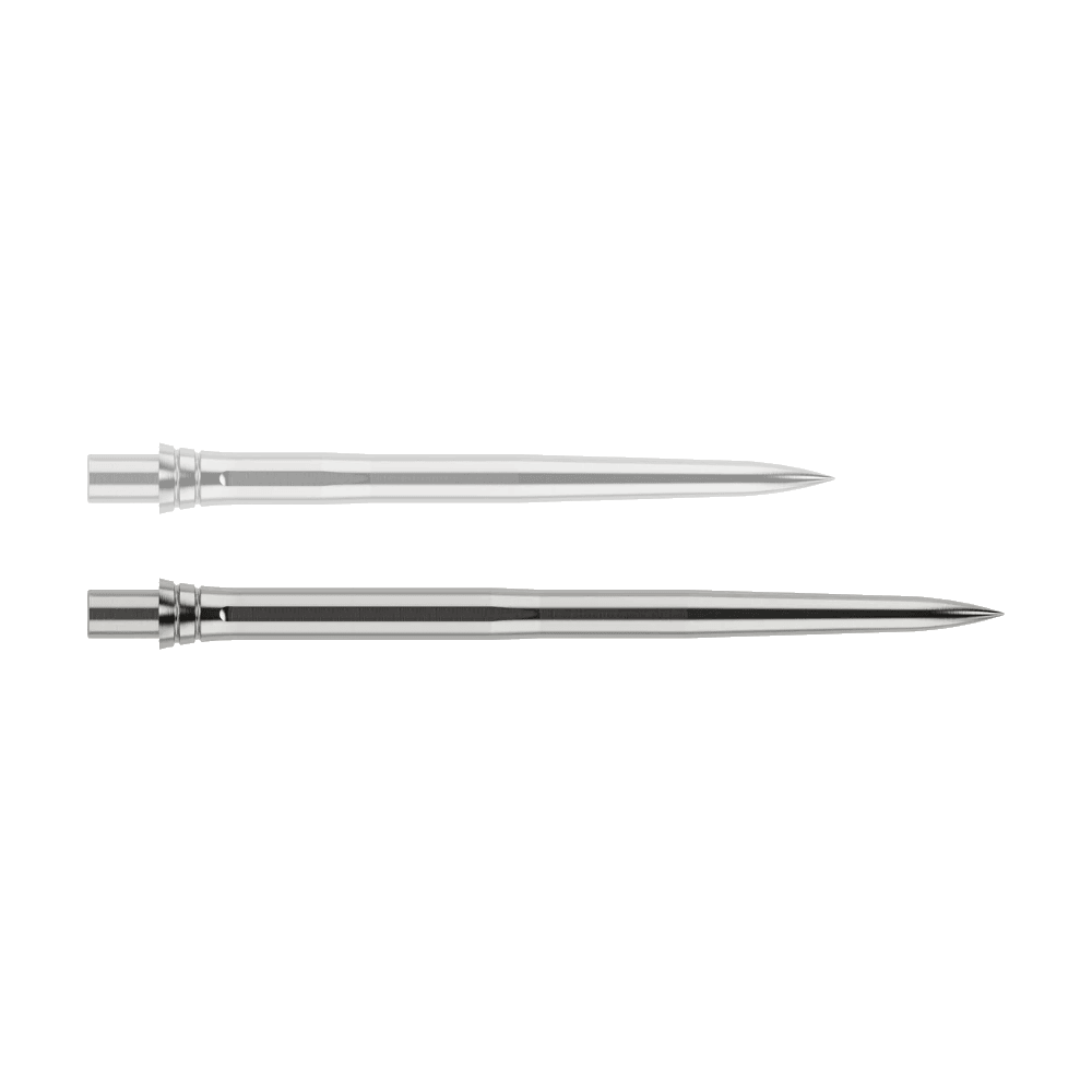 Abgebildet ist eine silberne Dartspitze mit einer Länge von 32mm. Die Spitze hat ein glattes Design und eignet sich für den Einsatz im Dartsport.