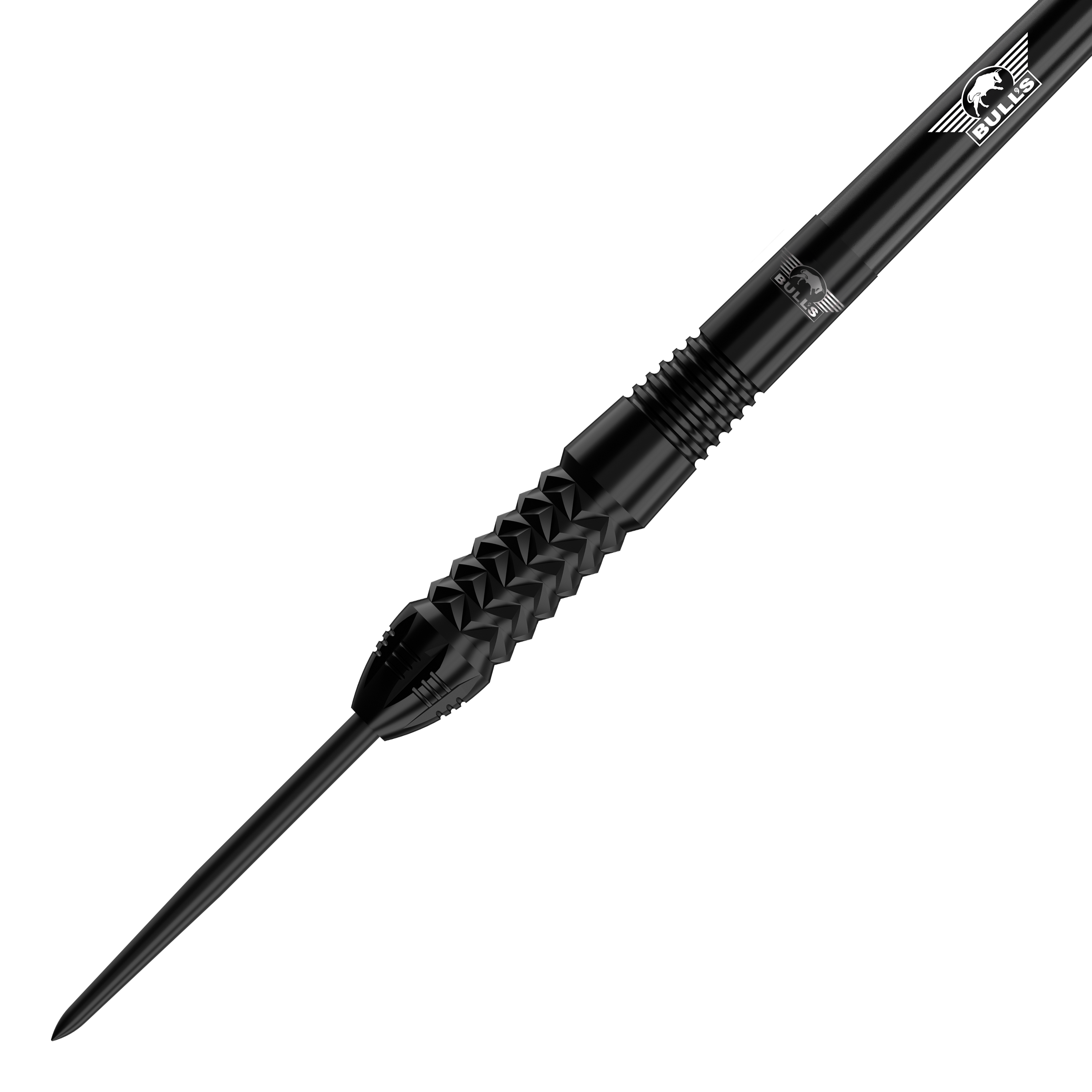 Fléchettes en acier noir Bulls NL Caliber Das Bild zeigt einen schwarzen Steeldart der Marke Bulls NL Caliber. Der Dart hat eine strukturierte Griffzone und ein glänzendes, elegantes Design.