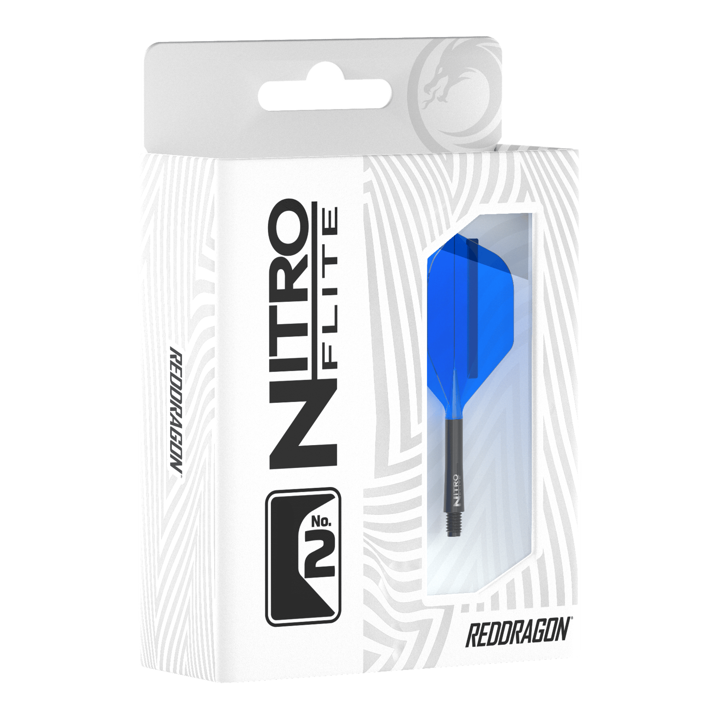 Red Dragon Nitroflite - Ailettes noires bleues n° 2 Die Verpackung zeigt das Produkt "Red Dragon Nitroflite - Black Shaft Blue No2 Flights". Im Sichtfenster ist ein blauer Dart-Flügel mit schwarzem Schaft zu sehen.