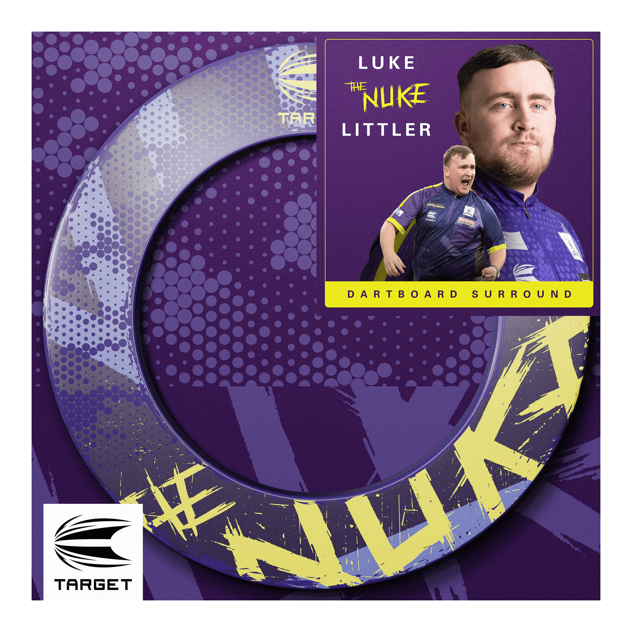 Target Luke Littler Le cercle de fléchettes Nuke Das Bild zeigt das Produkt "Target Luke Littler The Nuke Dartboard Surround" in lila und gelben Farben. Auf der Verpackung sind Fotos von Luke Littler sowie das Target-Logo abgebildet.