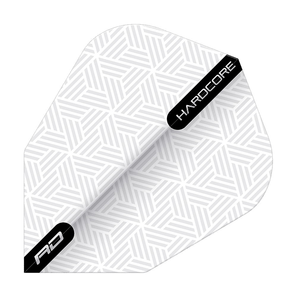 TF6848_Red_Dragon_White_V-Standard_Flights_1dzhv83mMcAohT Das Bild zeigt das Produkt "Red Dragon White V-Standard Flights". Die Flight ist weiß mit einem dezenten geometrischen Muster und schwarzen Akzenten, auf denen "HARDCORE" und "RD" steht.