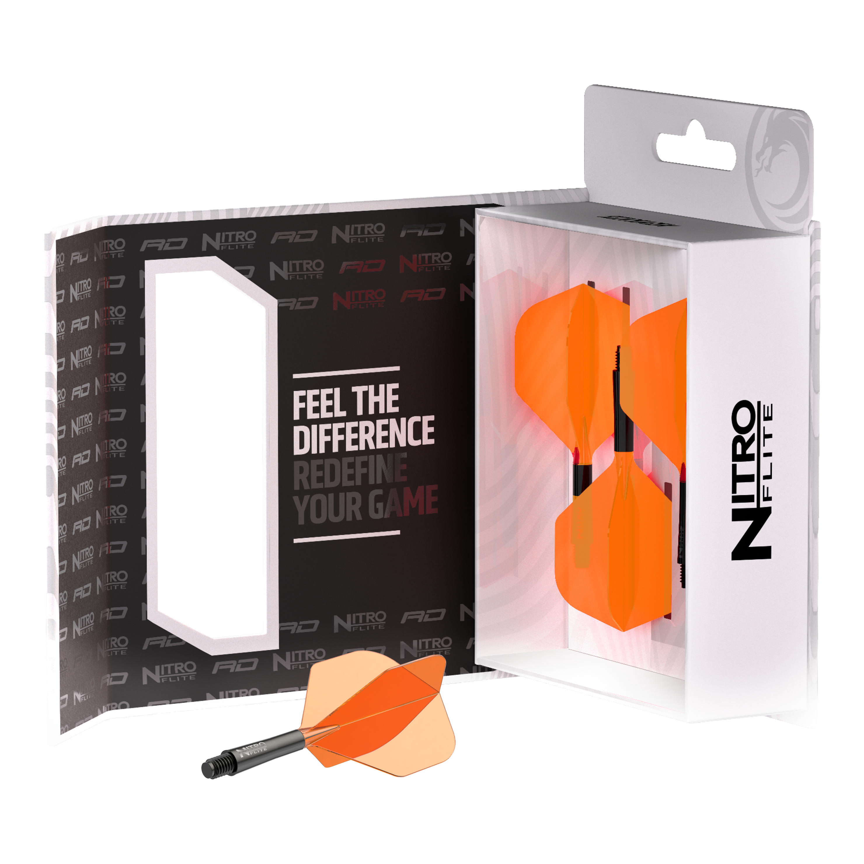 Red Dragon Nitroflite, tige noire, ailettes orange n° 2 Dieses Bild zeigt den Red Dragon Nitroflite Black Shaft Orange Flights No2. Der Dart-Schaft hat schwarze und orange Details.