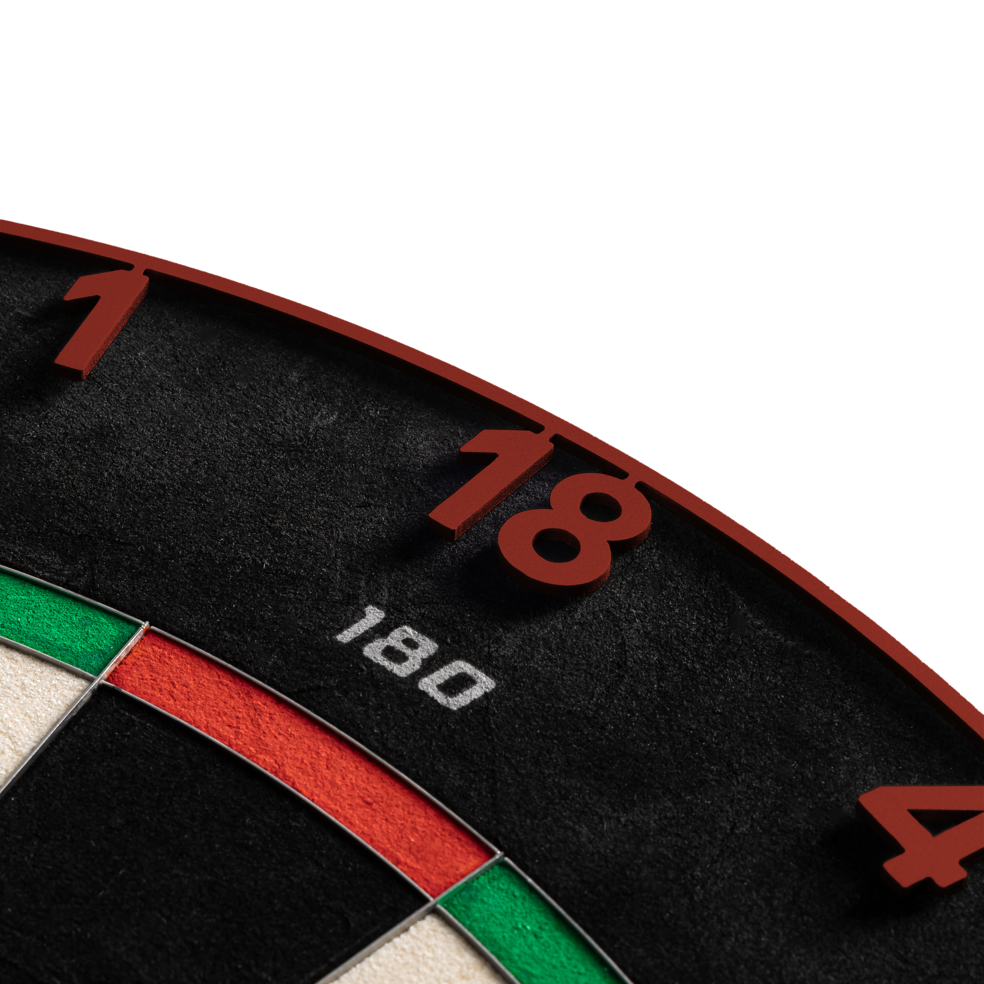 Cible de fléchettes Precise 180 Endorphine Steel avec anneau numéroté - Rouge délavé Gezeigt wird das Precise 180 Endorphine Steeldartboard mit Nummernring in Faded Red. Das Bild beschreibt das Produkt für den Dartbereich.