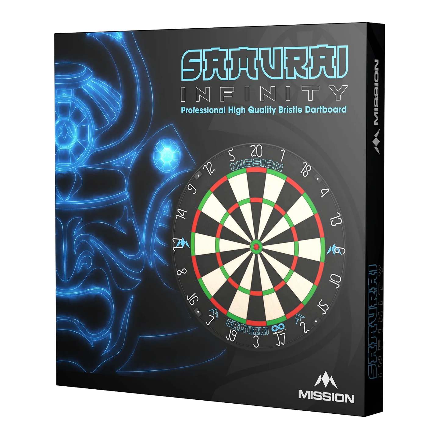 Cible de fléchettes en acier Mission Samurai Infinity Auf dem Bild ist die Verpackung des "Mission Samurai Infinity Steeldartboard" zu sehen. Die Box zeigt eine Abbildung eines Dartboards und ein leuchtendes Samurai-Motiv im Hintergrund.