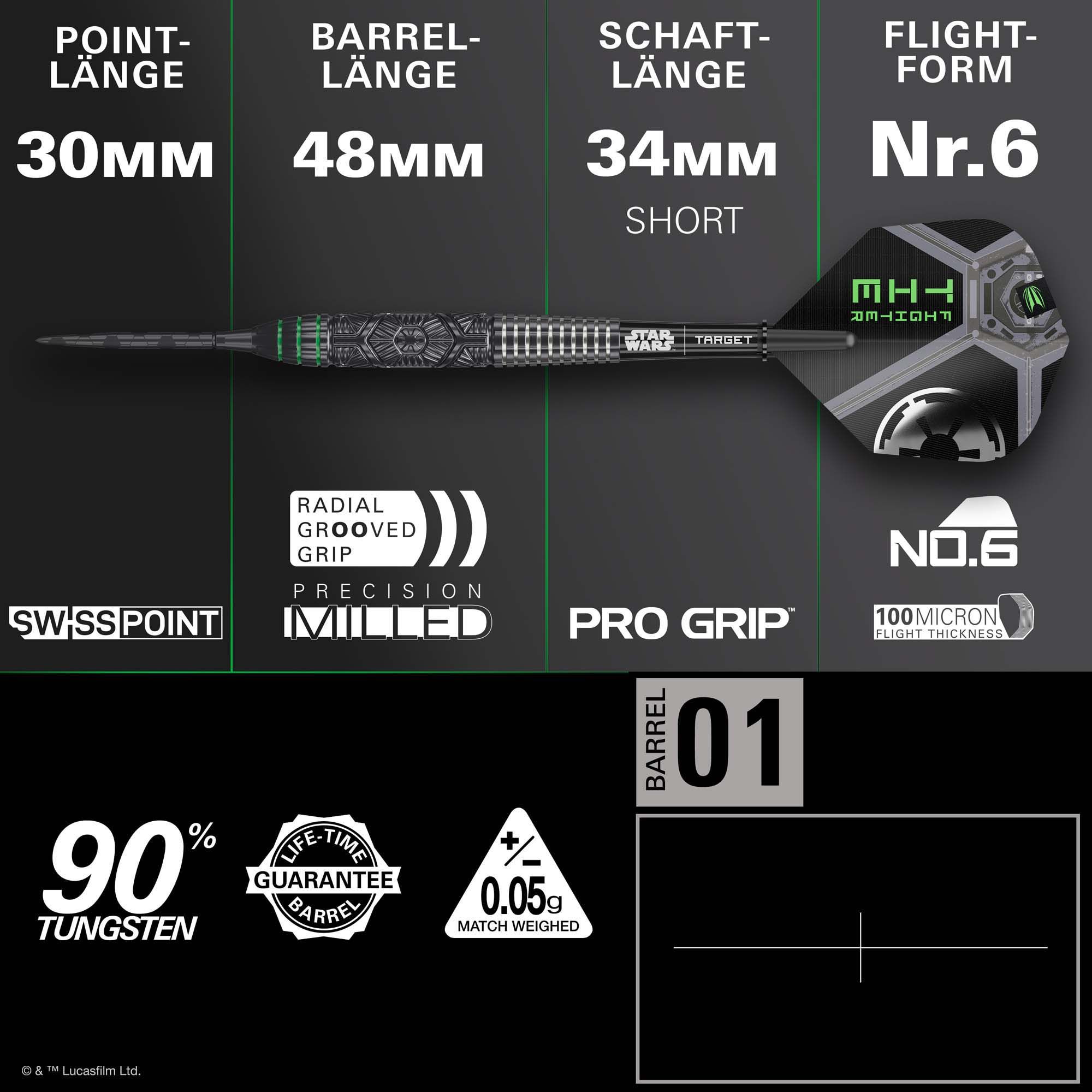 Fléchettes en acier Target Star Wars Tie Fighter Swiss Point Die Target Star Wars Tie Fighter Swiss Point Steeldarts sind hier abgebildet. Diese Dartpfeile sind von einem Tie Fighter aus Star Wars inspiriert.