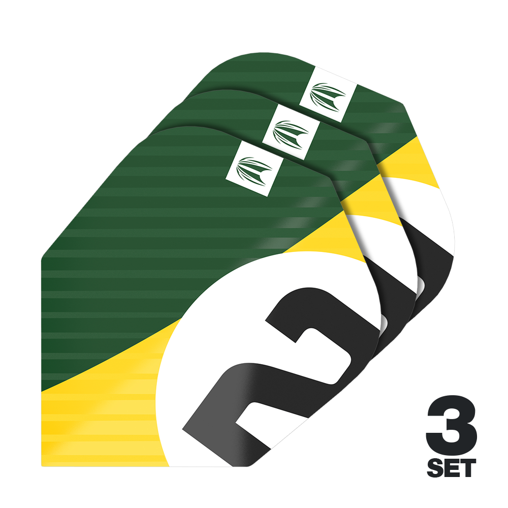 Ailettes Target Pro Ultra Chicane Vert No6 - 3 Ensembles Das Bild zeigt drei Sätze der Target Pro Ultra Chicane Green No6 Flights. Die Flights sind in den Farben Grün, Gelb, Weiß und Schwarz gestaltet.