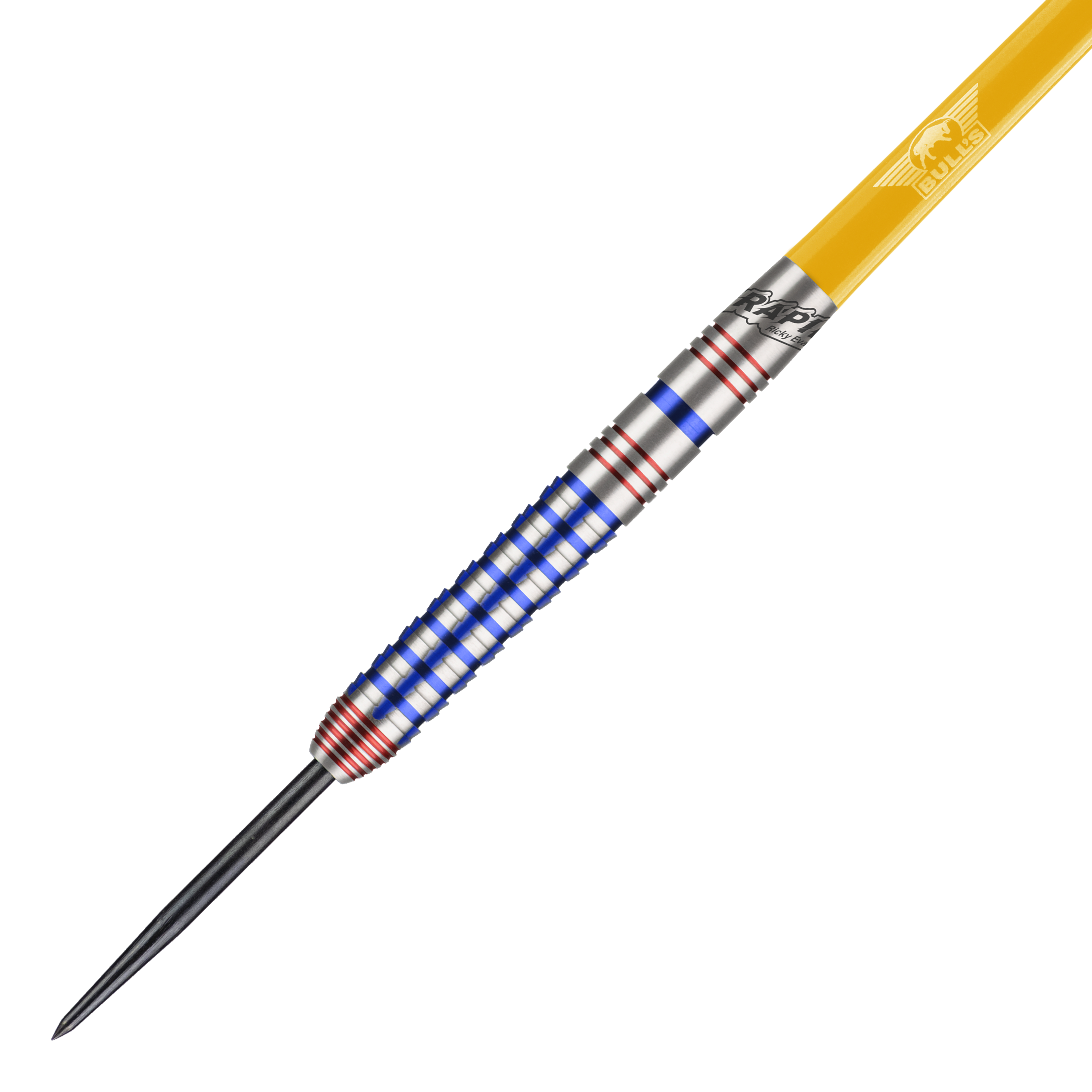 Fléchettes en acier Bulls NL Ricky Evans Rapid Edition One Das Bild zeigt einen Steeldartpfeil aus der Serie "Bulls NL Ricky Evans Rapid Edition One". Der Dart ist silbern mit blauen und roten Ringen und hat einen gelben Schaft.