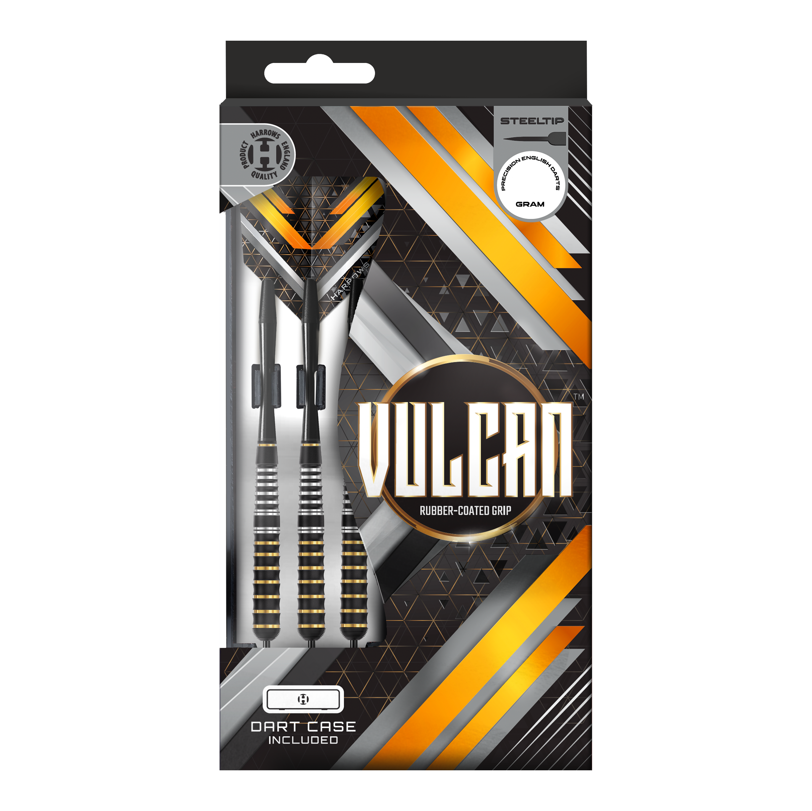Das Bild zeigt Harrows Vulcan Steeldarts. Die hochwertige Verarbeitung ist deutlich sichtbar.