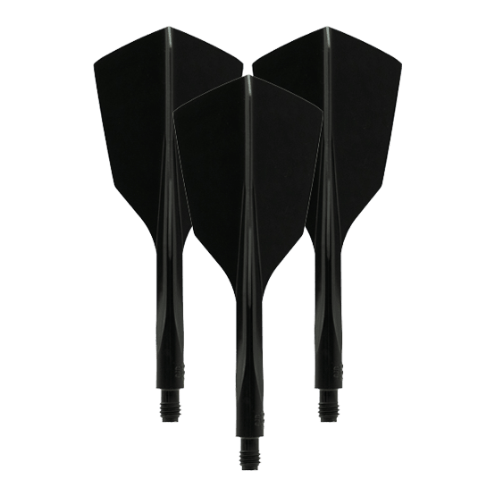 Das Bild zeigt drei schwarze, schmale Dartflights des Modells "Condor Axe 120 Flight-System". Sie sind nebeneinander mit der Spitze nach unten ausgerichtet.