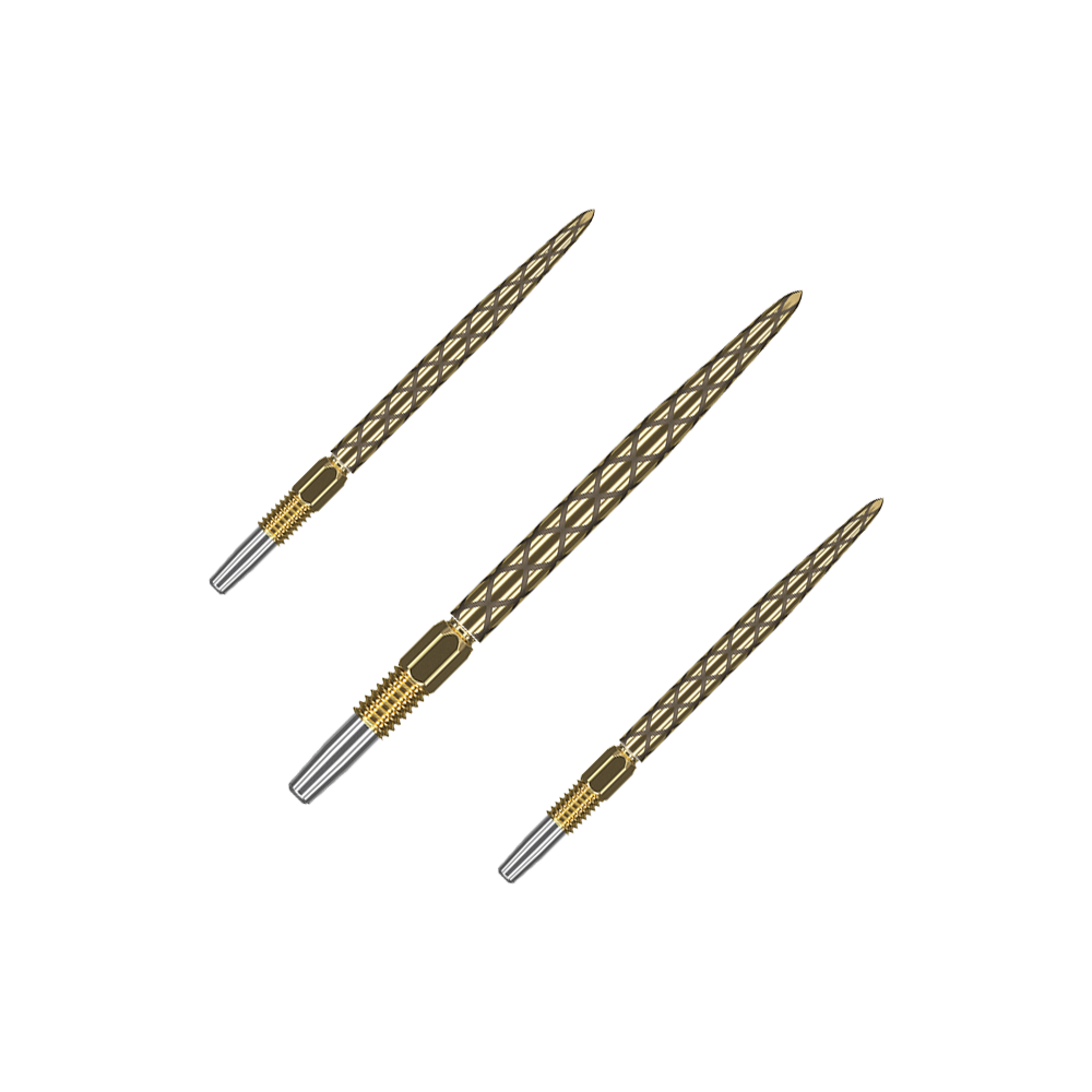 Pointes de fléchettes Target Swiss Diamond Pro Gold Das Bild zeigt drei goldfarbene Dartspitzen mit einem rautenförmigen Muster. Sie liegen nebeneinander auf einem grünen Hintergrund.