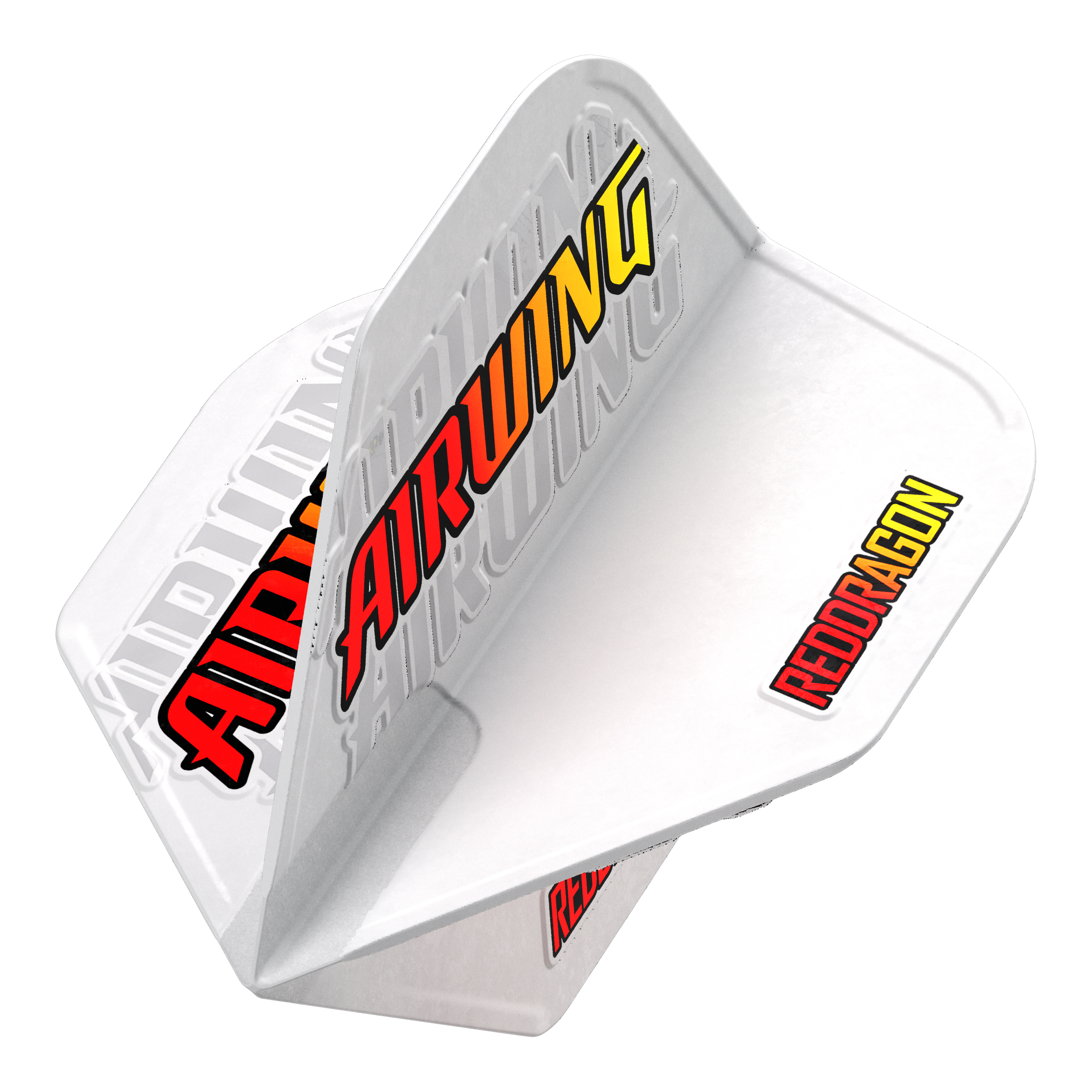 Vols standard avec logo rouge Red Dragon Airwing Das Bild zeigt das Produkt "Red Dragon Airwing Red Logo Standard Flights" für Darts. Die Flights sind weiß mit den auffälligen Schriftzügen "AIRWING" und "REDDRAGON" in rot und gelb.