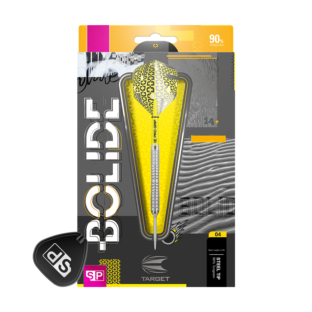 Das Bild zeigt die Verpackung der "Target Bolide 04 Swiss Point Steeldarts". Die Darts haben ein auffälliges gelbes Design und bestehen zu 90 % aus Tungsten.