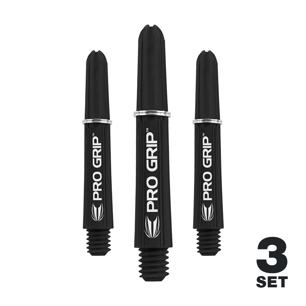 Tiges Target Pro Grip - 3 jeux - Noir Auf dem Bild sind drei schwarze Pro Grip Dartschäfte zu sehen. Unten rechts steht „3 Set“, was auf ein Set aus drei Stück hinweist.