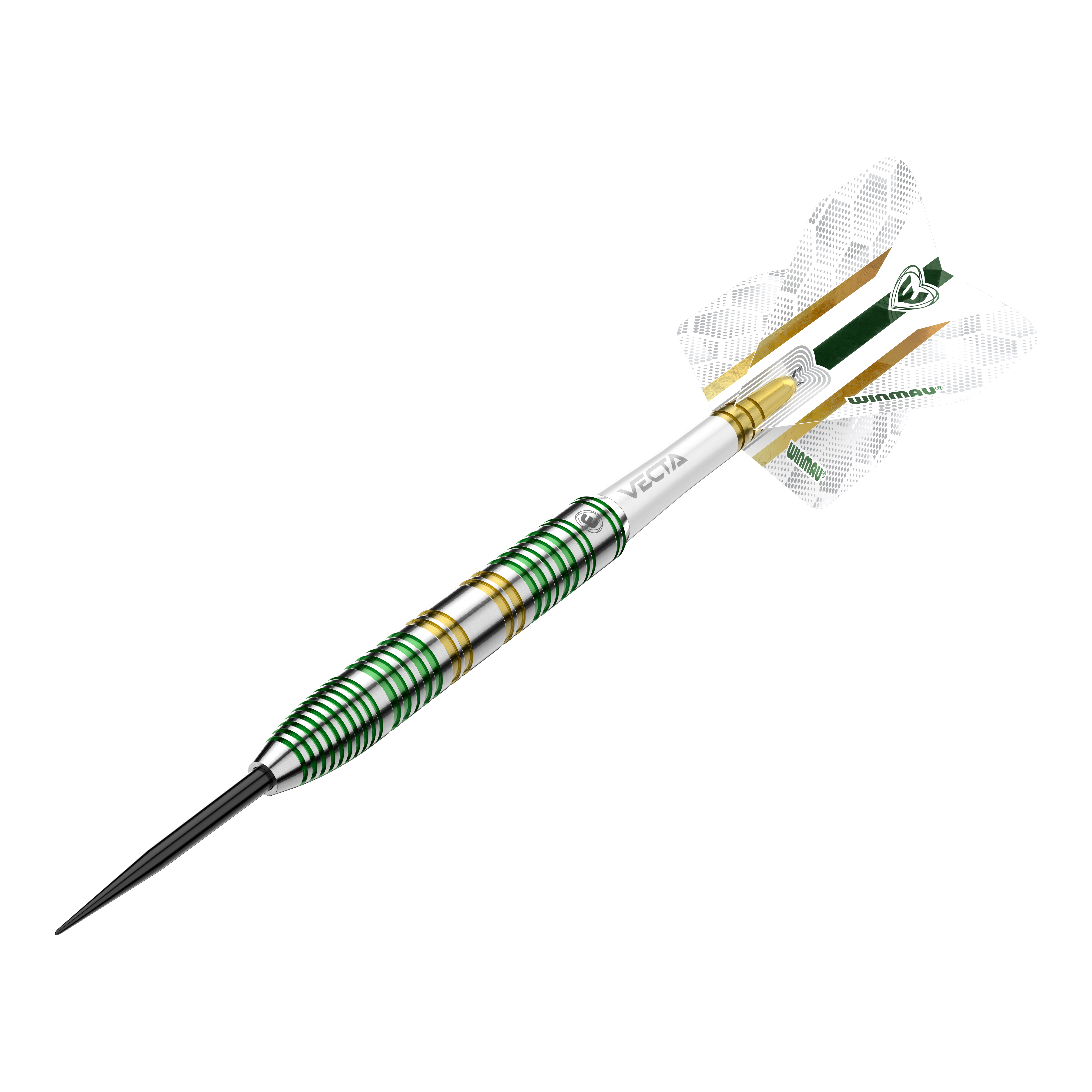 Fléchettes en acier Winmau Xenon Das Bild zeigt einen Winmau Xenon Steeldart. Der Dartpfeil hat ein silbernes Design mit grünen und goldenen Ringen sowie weißen Flights.
