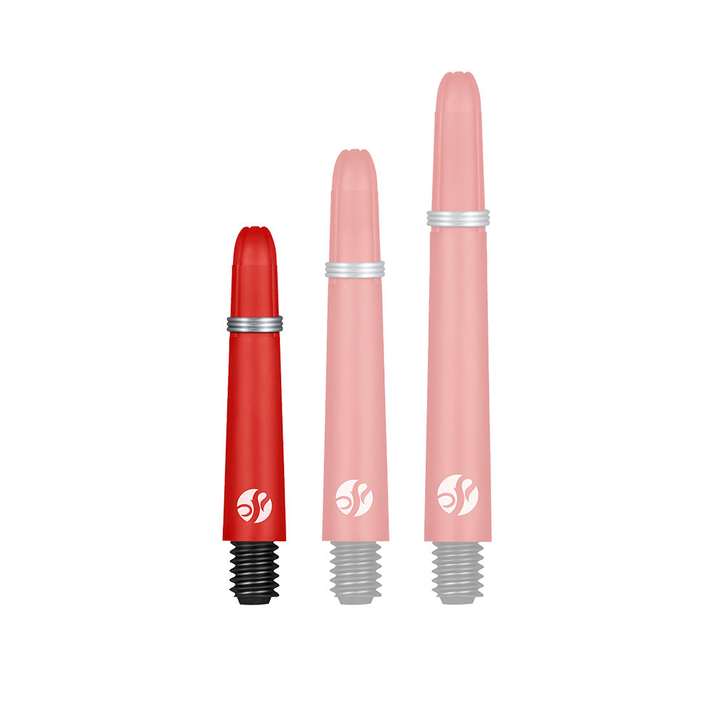 Tiges en carbone Shot Koi - Rouge Das Bild zeigt drei rote Dartschäfte in unterschiedlichen Längen. Jeder Schaft hat einen schwarzen Gewindeansatz und einen silbernen Ring.