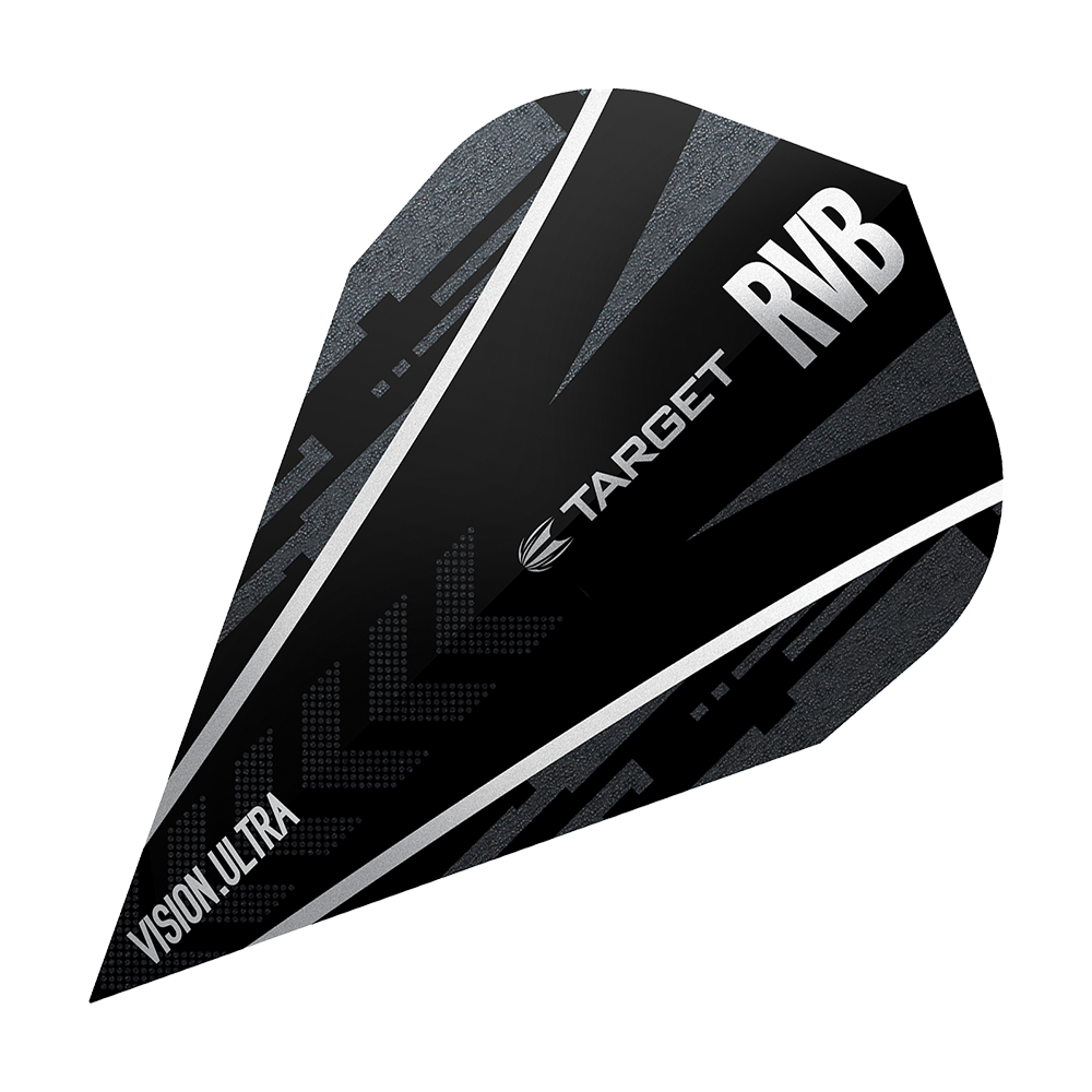 Das Bild zeigt das Produkt „Target Ultra Ghost RvB Vapor Flights“. Es handelt sich um ein schwarzes Dart-Flight mit silbernen und grauen Akzenten sowie der Aufschrift „TARGET RVB Vision Ultra“.