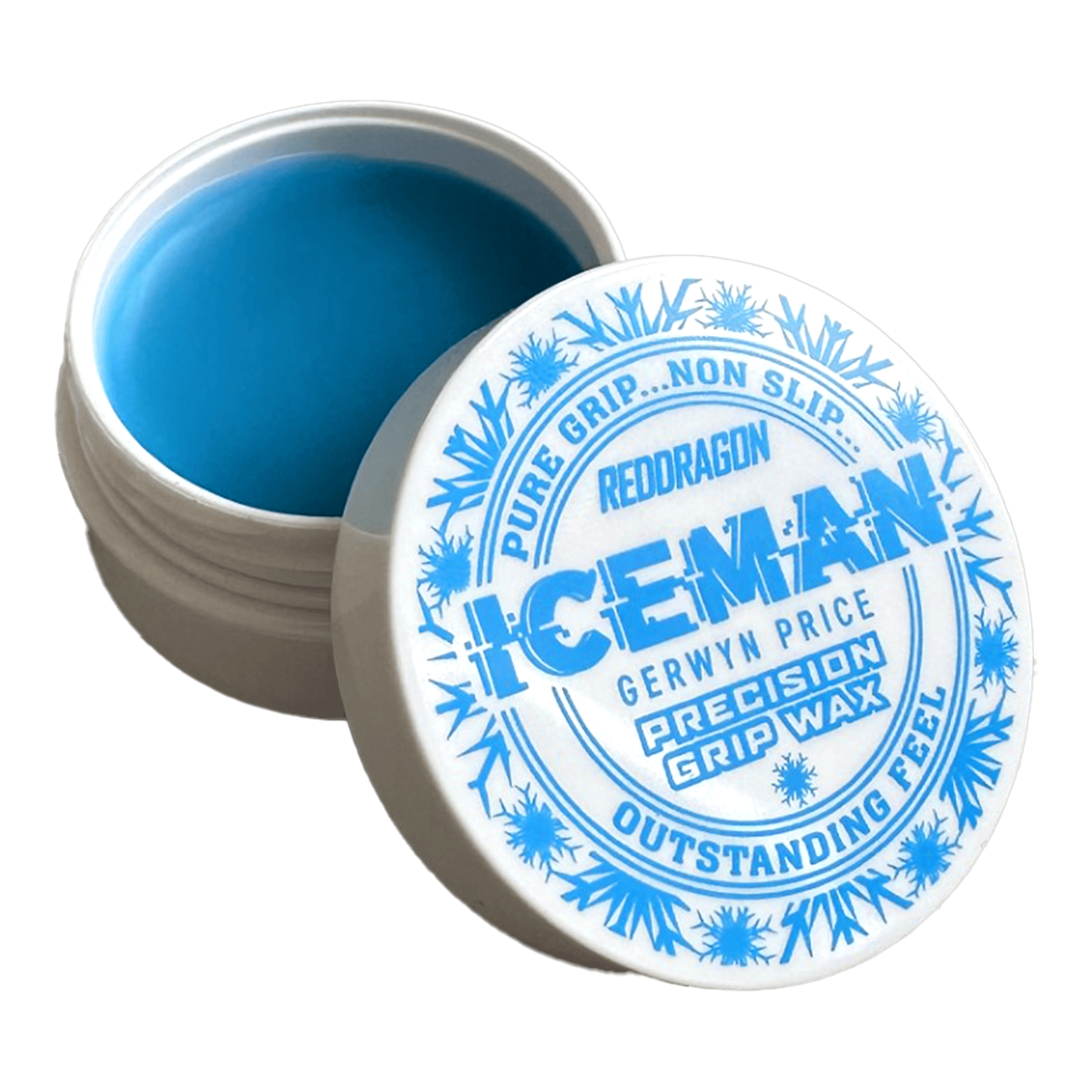 Cire pour les doigts Red Dragon Gerwyn Price Iceman Precision Grip Wax Das Bild zeigt ein offenes Döschen mit blauem Fingerwachs der Marke "Red Dragon Gerwyn Price Iceman Precision Grip Wax". Auf dem Deckel steht in blauer Schrift, dass das Produkt für reinen Halt, Rutschfestigkeit und hervorragendes Gefühl sorgt.