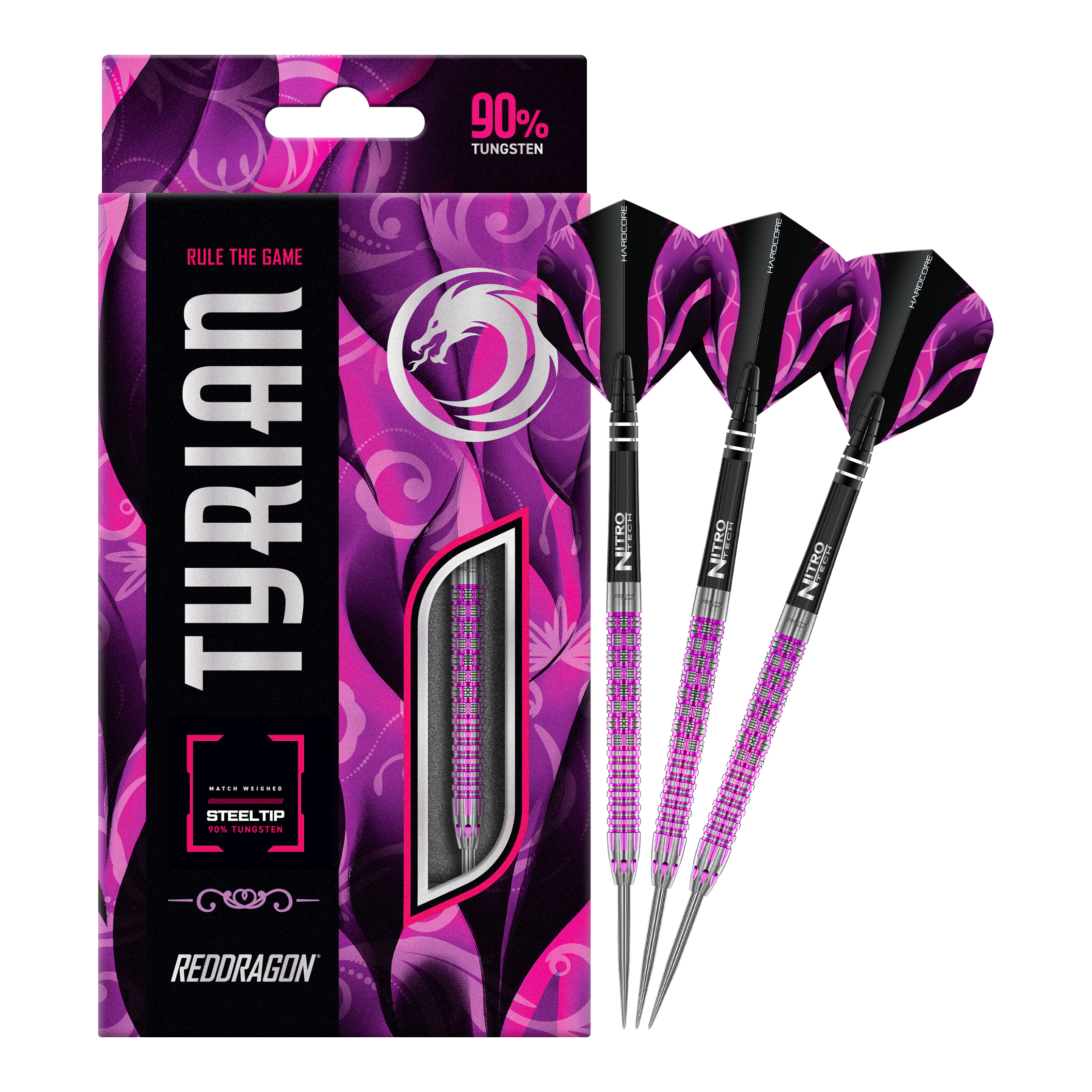 Fléchettes en acier tyrien du Dragon Rouge Das Bild zeigt die Red Dragon Tyrian Steeldarts mit auffälligem lila und pinkem Design. Die Darts bestehen zu 90% aus Tungsten und sind in einer stilvollen Verpackung präsentiert.