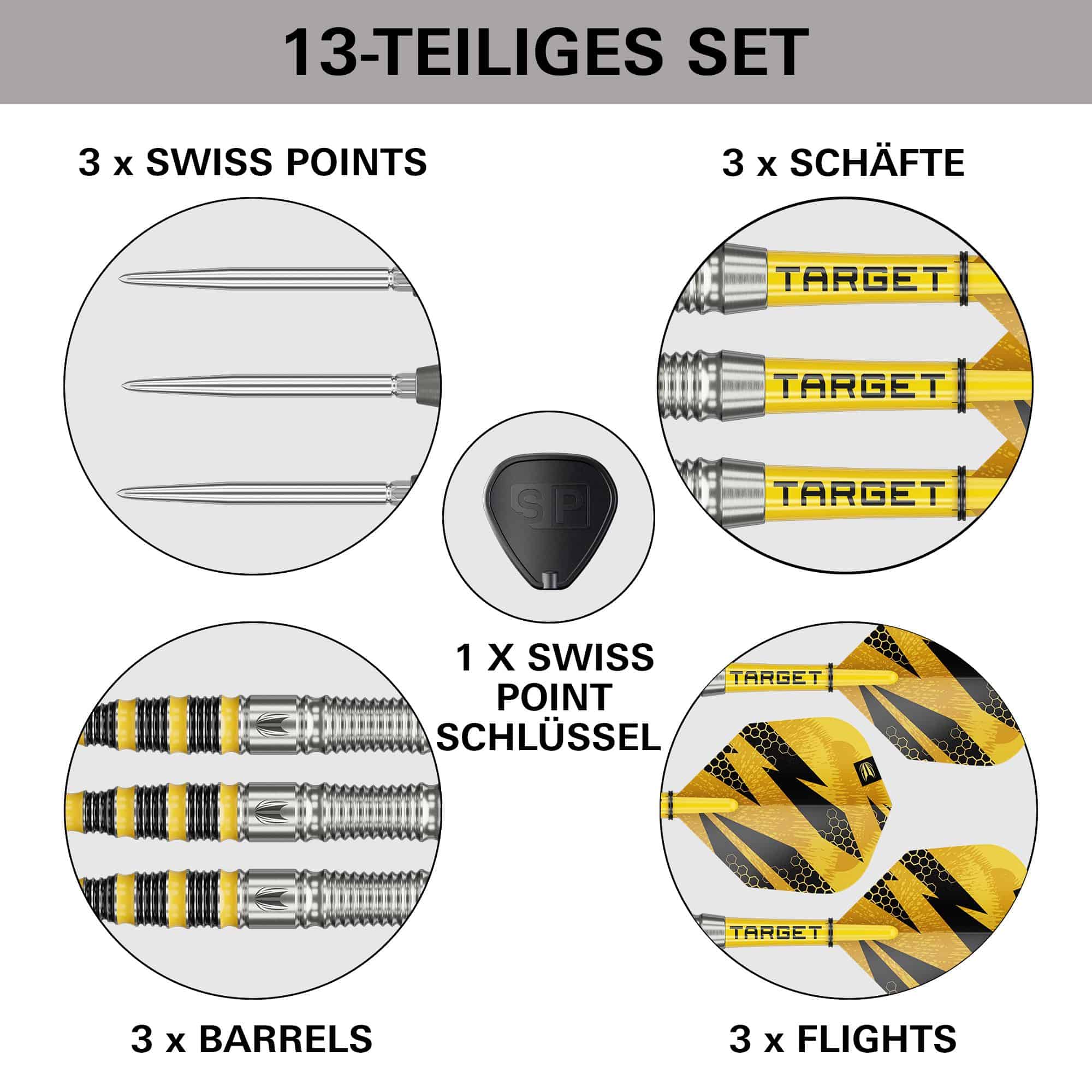 Fléchettes en acier Target Buzz 03 Swiss Points Auf diesem Bild sieht man die Target Buzz 03 Swiss Points Steeldarts. Sie sind für ambitionierte Dartspieler geeignet.