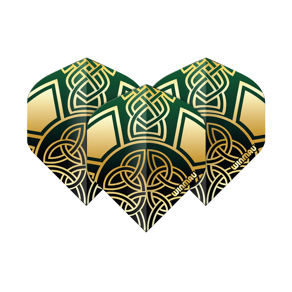 Vols standard Winmau Prism Delta Brendan Dolan Celtic Knot Black Gold No2 Zu sehen sind die Winmau Prism Delta Brendan Dolan Celtic Knot Black Gold No2 Standard Flights. Diese Darts-Flights haben ein schwarzes und goldenes keltisches Knoten-Design.