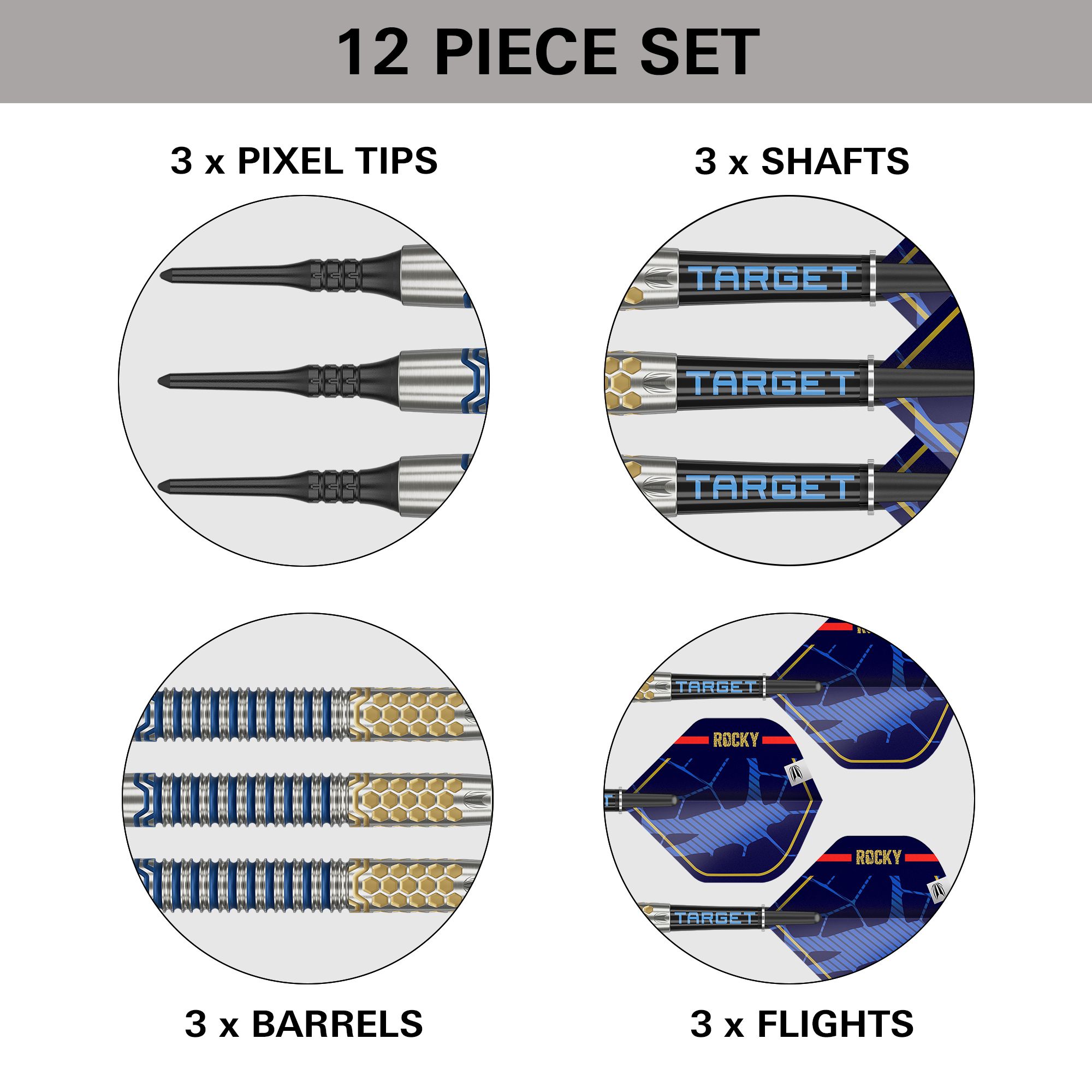 Fléchettes souples Target Josh Rock GEN1 - 20 g Dieses Bild zeigt das Produkt "Target Josh Rock GEN1 Softdarts - 20g" als 12-teiliges Set. Es enthält 3 Pixel-Spitzen, 3 Schäfte, 3 Barrels und 3 Flights.