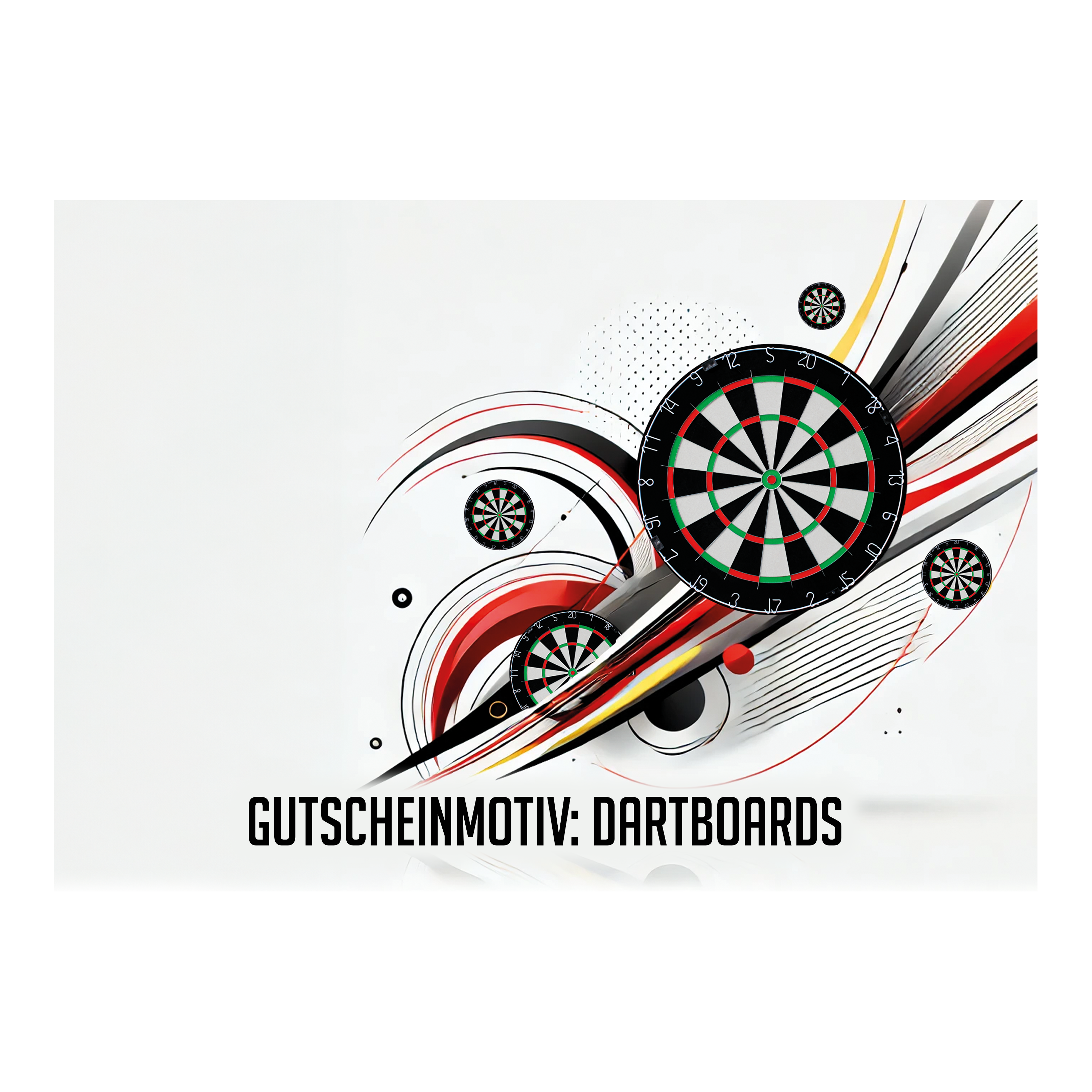 Bon d'achat - Cibles de fléchettes Das Bild zeigt mehrere stilisierte Dartboards mit dynamischen Linien und Kreisen im Hintergrund. Unten steht der Text "GUTSCHEINMOTIV: DARTBOARDS".