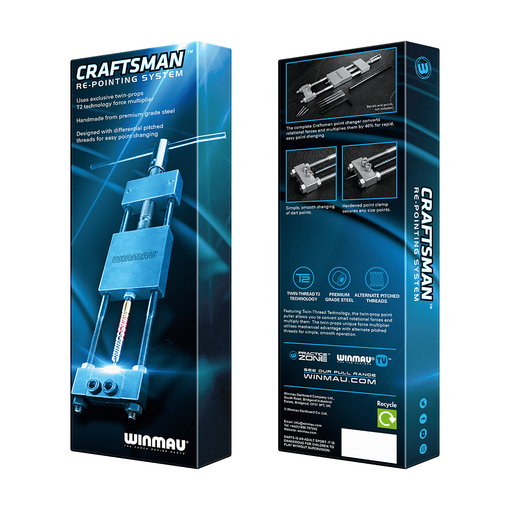 8425-Winmau-Craftsman-Re-pointing-System-6CUMv2rRO6Q7gH Das Bild zeigt die Verpackung des Produkts „Winmau Craftsman Re-Pointing System Spitzenwechsler“. Auf der Vorder- und Rückseite sind das Werkzeug abgebildet und Informationen zu den Funktionen und Eigenschaften des Systems zu sehen.