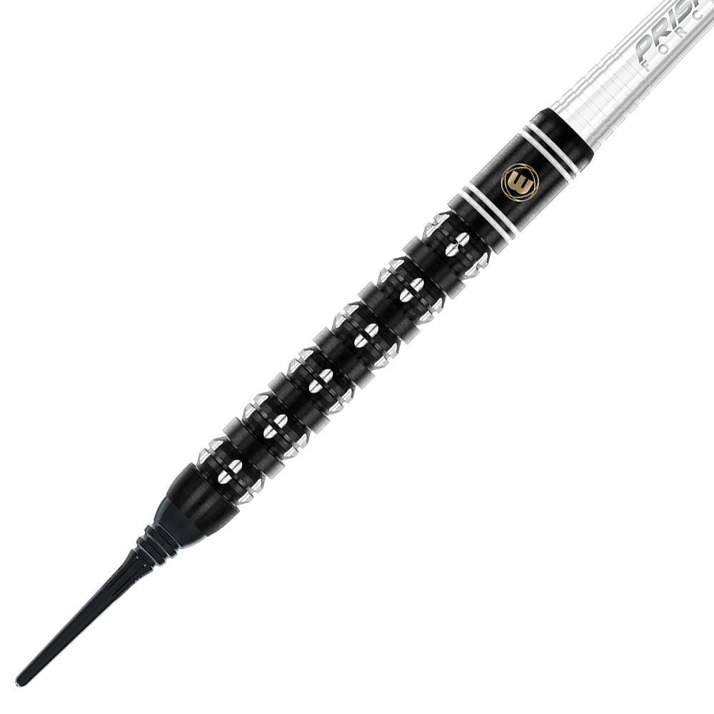 2459_Winmau_Danny_Noppert_Freeze_Edition_Softdarts_2 Das Bild zeigt einen Winmau Danny Noppert Freeze Edition Softdart mit einem Gewicht von 20 Gramm. Der Dart hat ein auffälliges schwarzes und silbernes Griffdesign mit feinen Rillen.