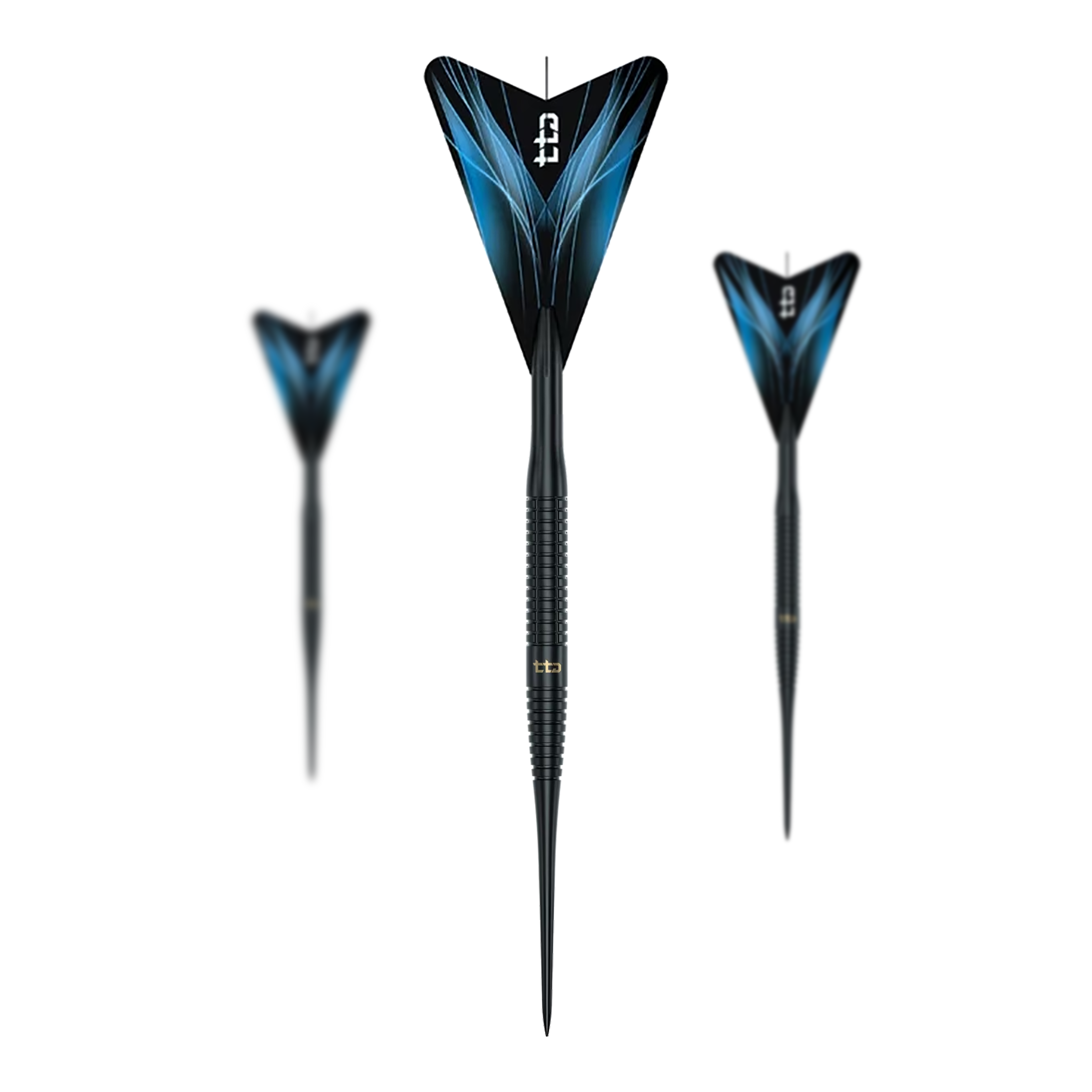 Das Foto zeigt ein ganzes Set der Caliburn TTD Complete Titanium T3 Black Steeldarts, 7g. Es ist ideal für anspruchsvolle Dartspieler geeignet.