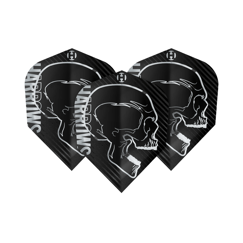 Vols Silver No6 de Harrow's Rage Das Bild zeigt drei schwarze Dart Flights mit einem weißen Totenkopf-Design und dem Schriftzug "Harrows". Es handelt sich um das Produkt "Harrows Rage Silver No6 Flights".
