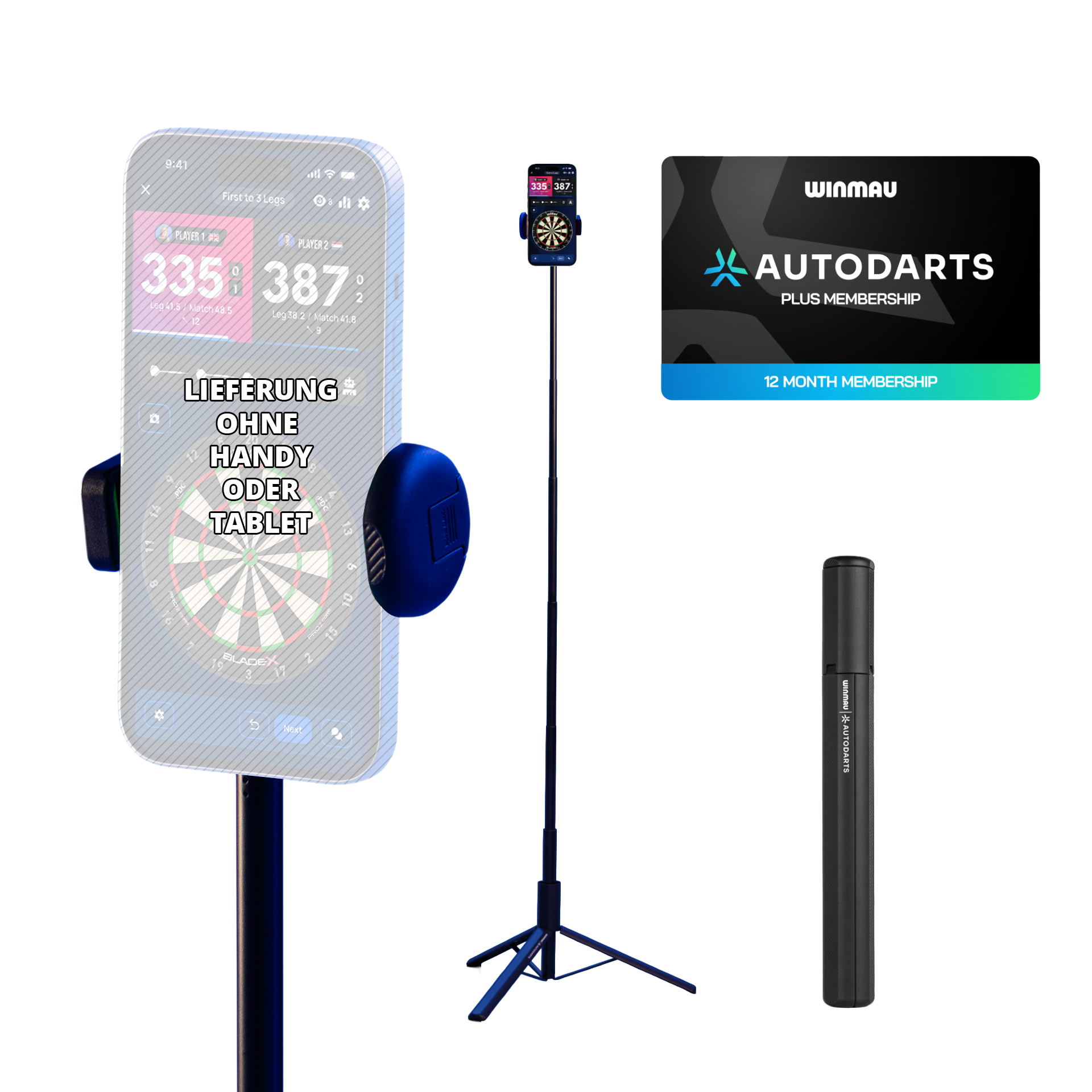 Pack support pour appareil Winmau Autodarts et abonnement de 12 mois Zu sehen ist das Winmau Device Stand & 12 Monate Membership Bundle. Das Set umfasst einen stabilen Geräteständer und eine 12-monatige Mitgliedschaft.