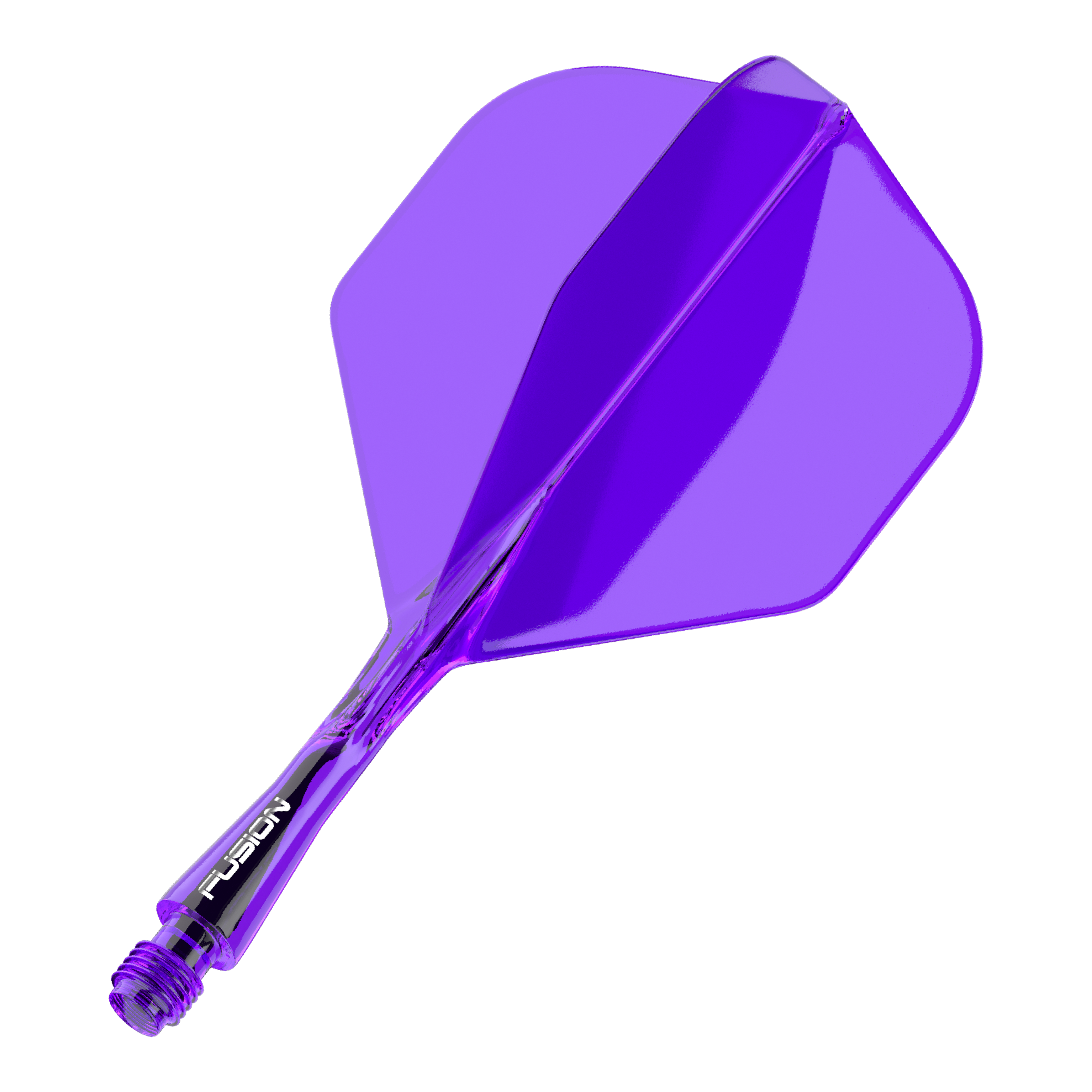 Système d'arbre de vol Winmau Fusion Standard Violet Auf dem Bild ist ein lila Dart-Flight mit Shaft zu sehen. Das Bauteil ist transparent und hat eine Standardform.