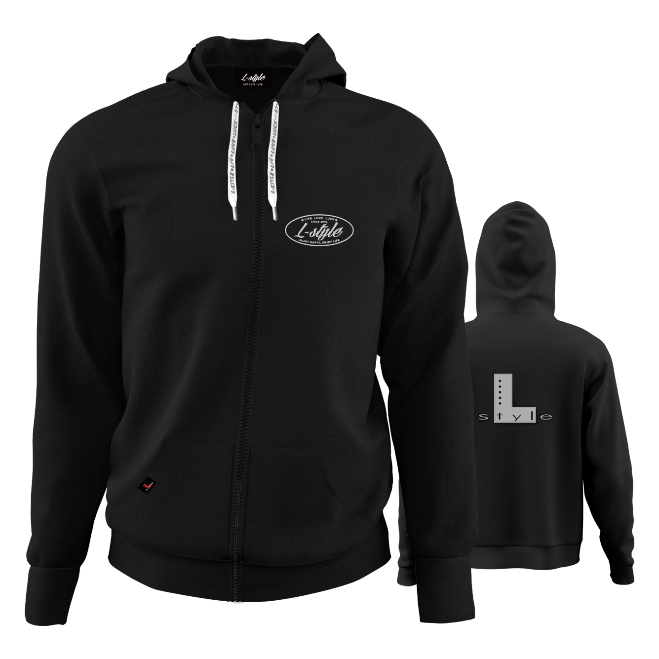 Sweat à capuche style L - Noir Der "L-Style Hoodie - Schwarz" ist ein schwarzer Kapuzenpulli mit Reißverschluss und weißen Kordeln. Auf der Vorderseite befindet sich ein kleines "L-Style"-Logo, während auf der Rückseite ein großes "L style"-Design zu sehen ist.
